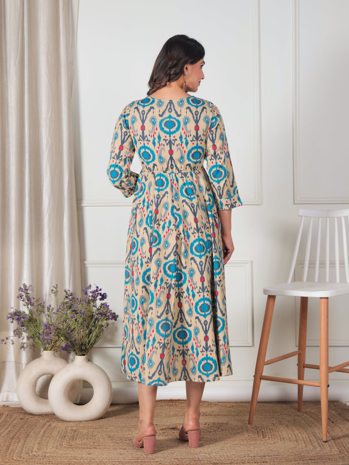 Embroidered Linen Cotton Ikat Flared Beige Dress