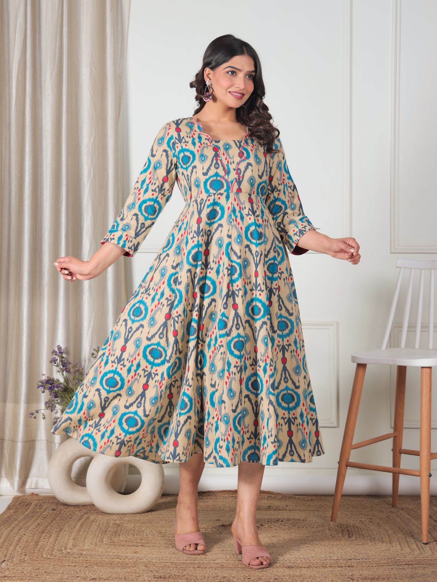 Embroidered Linen Cotton Ikat Flared Beige Dress