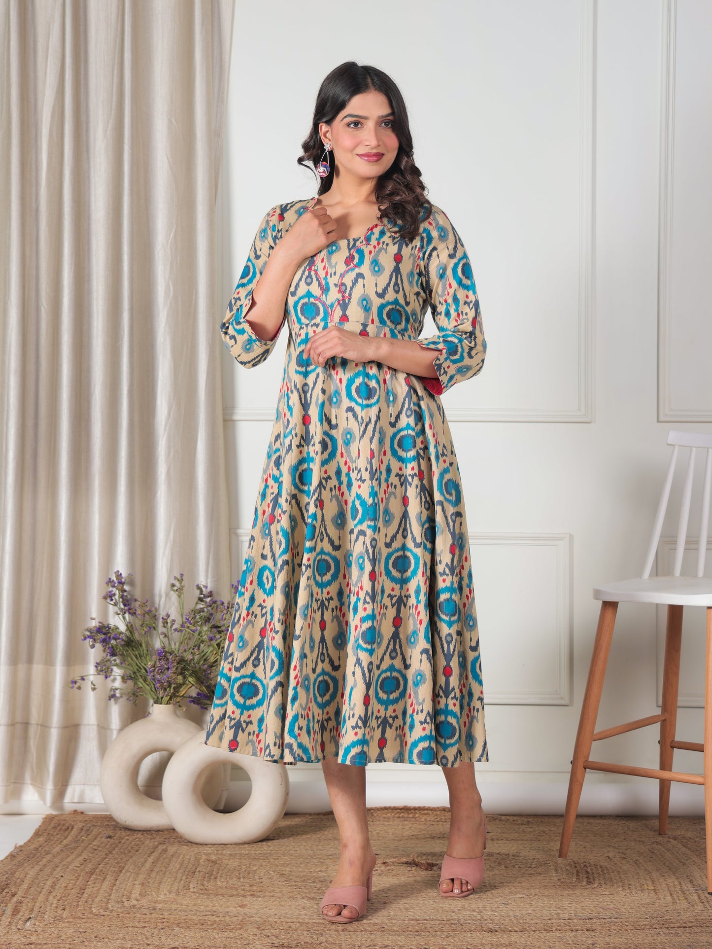 Embroidered Linen Cotton Ikat Flared Beige Dress