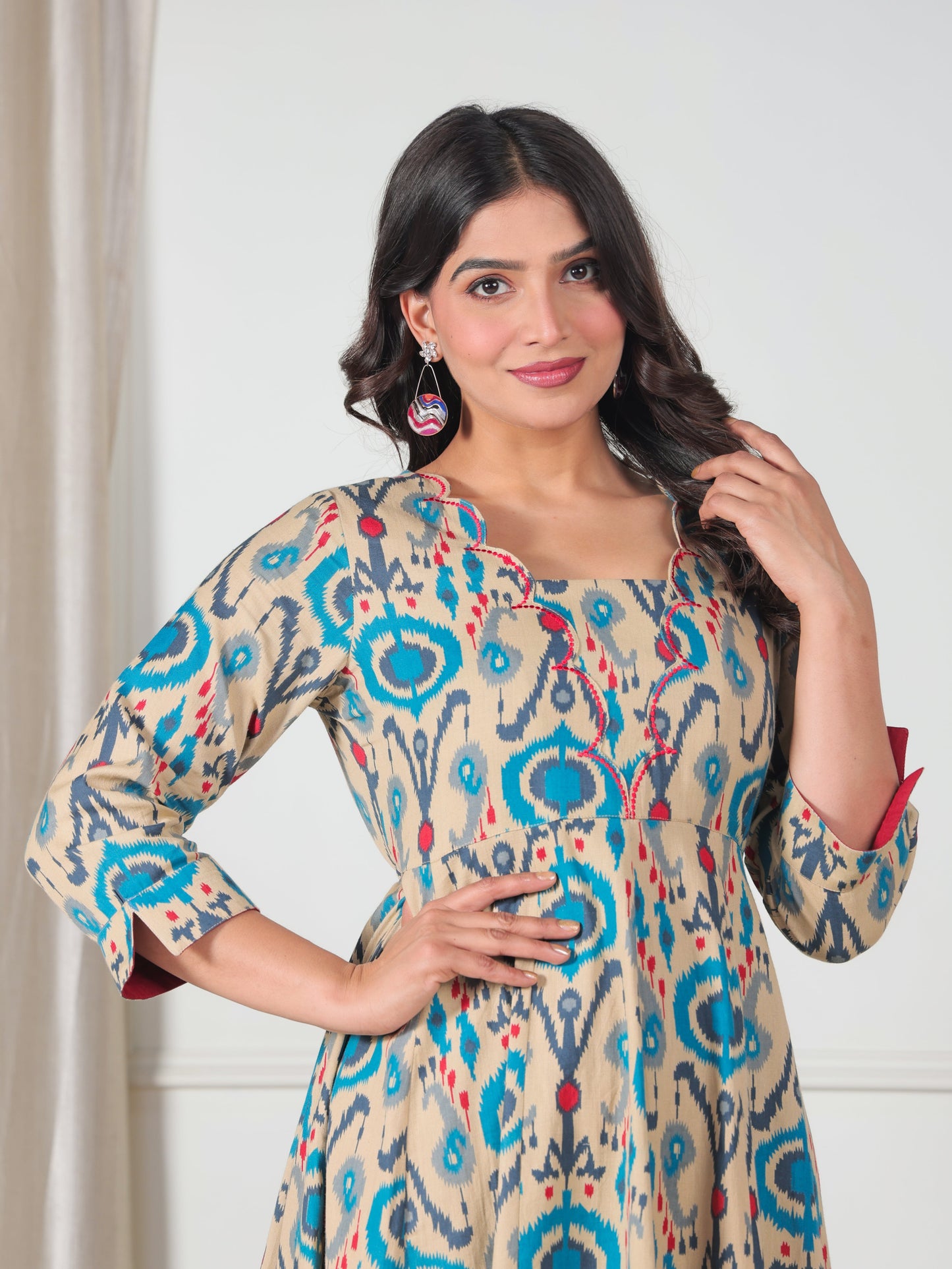 Embroidered Linen Cotton Ikat Flared Beige Dress