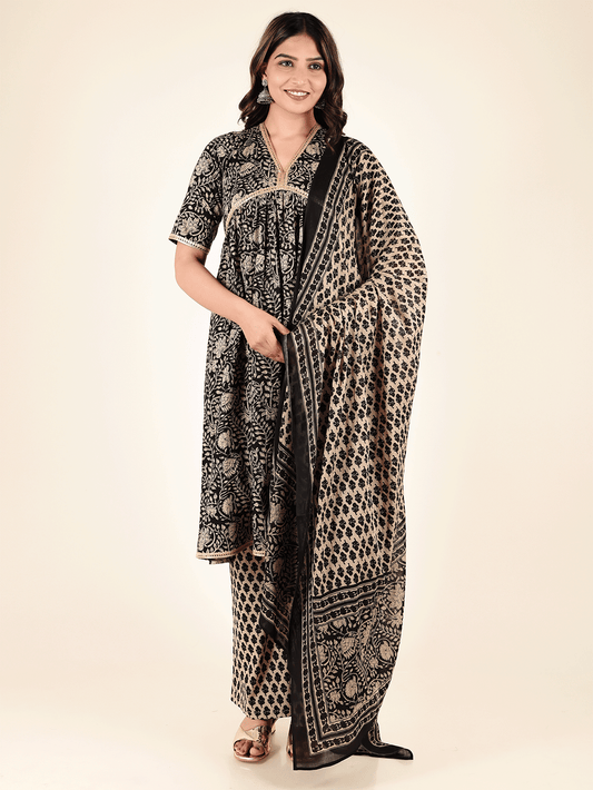 Soft Cotton Floral Anarkali Black Kurta