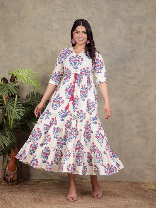 Soft Cotton Floral A-line Off White Dress