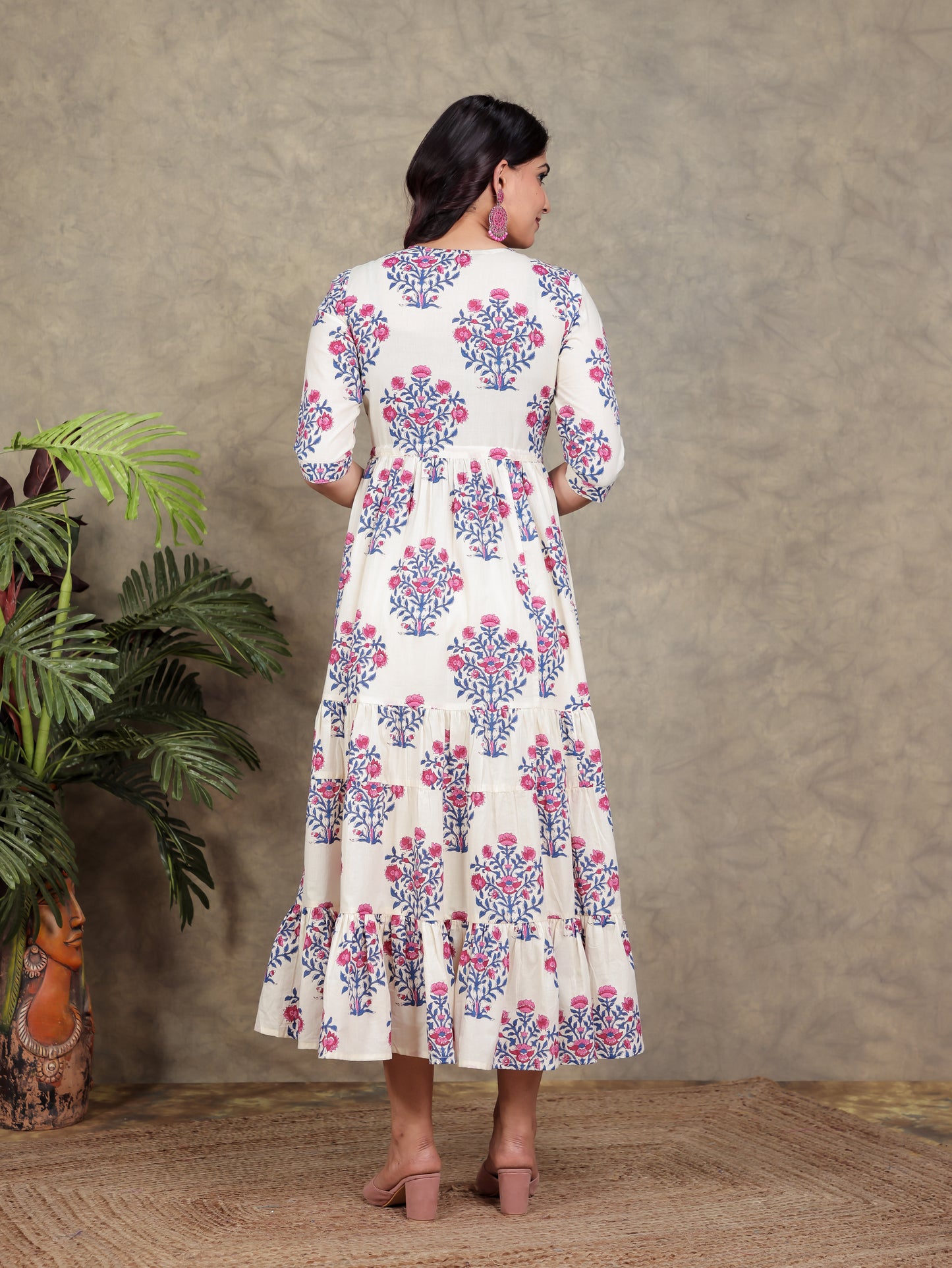 Soft Cotton Floral A-line Off White Dress