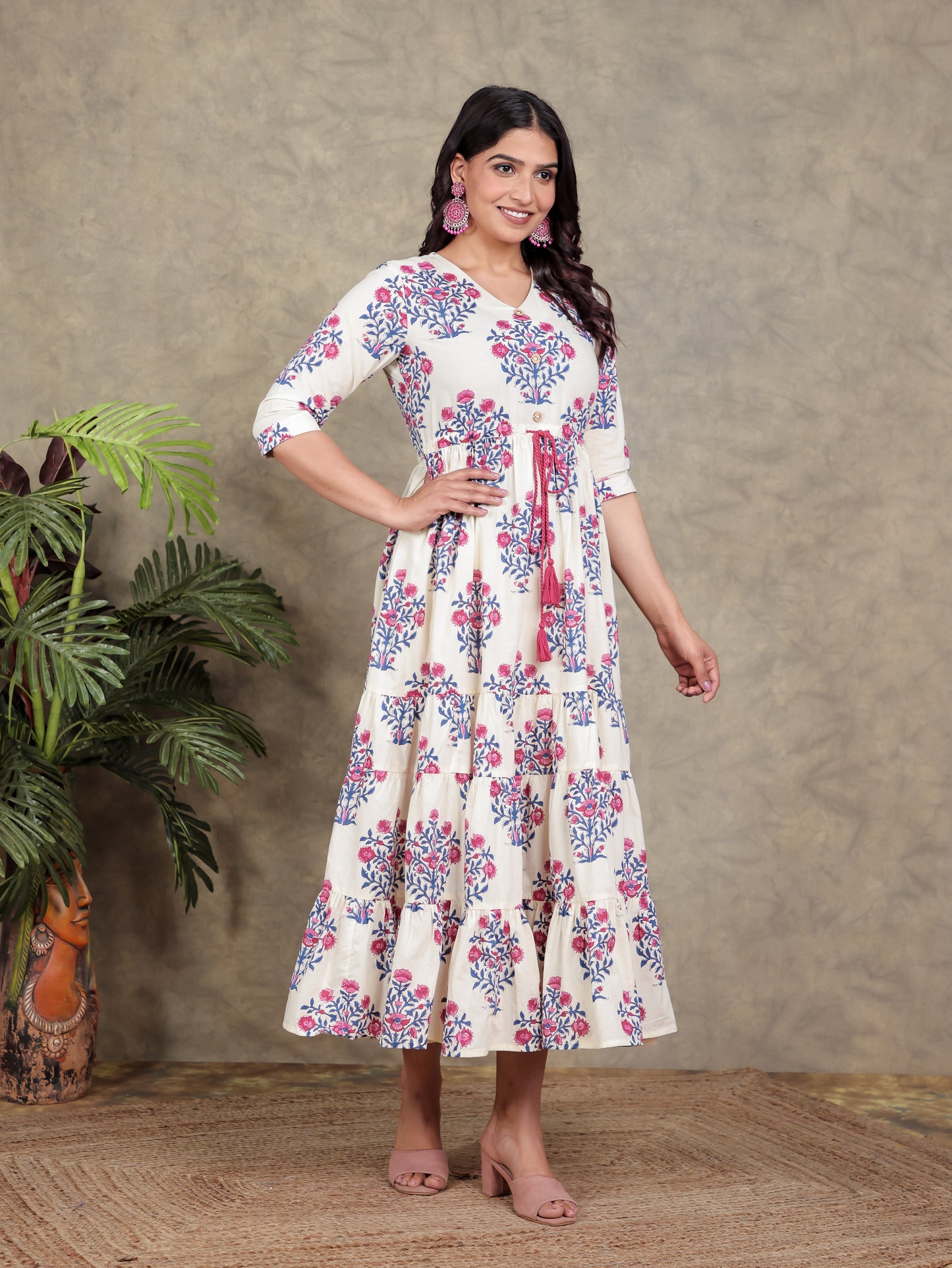 Soft Cotton Floral A-line Off White Dress