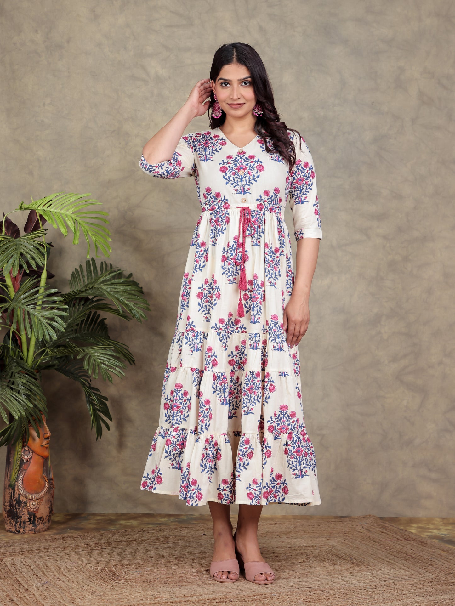Soft Cotton Floral A-line Off White Dress