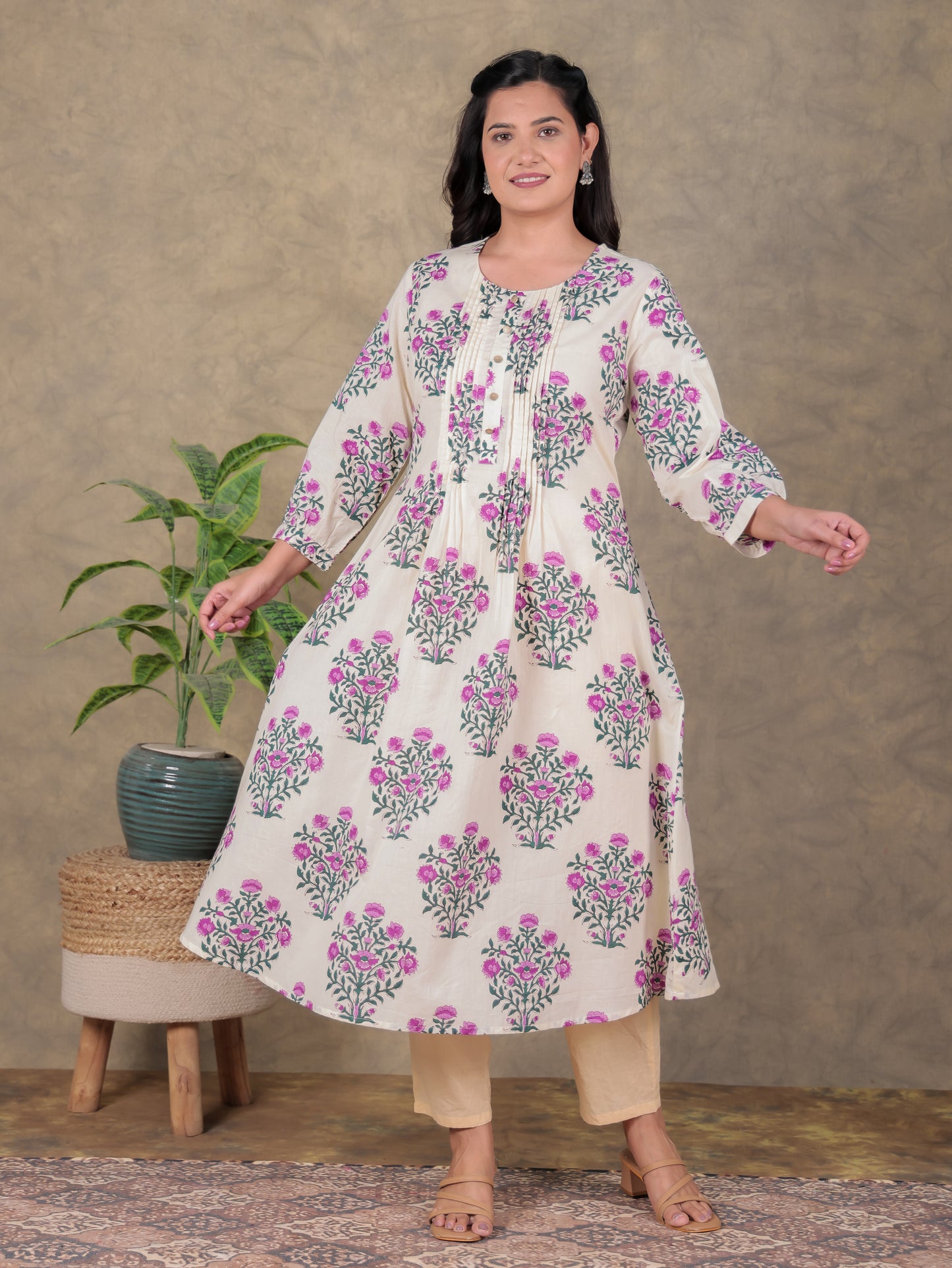 Soft Cotton Floral A-line Beige Dress