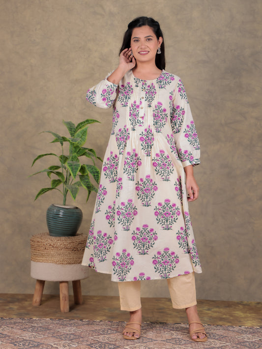 Soft Cotton Floral A-line Beige Dress