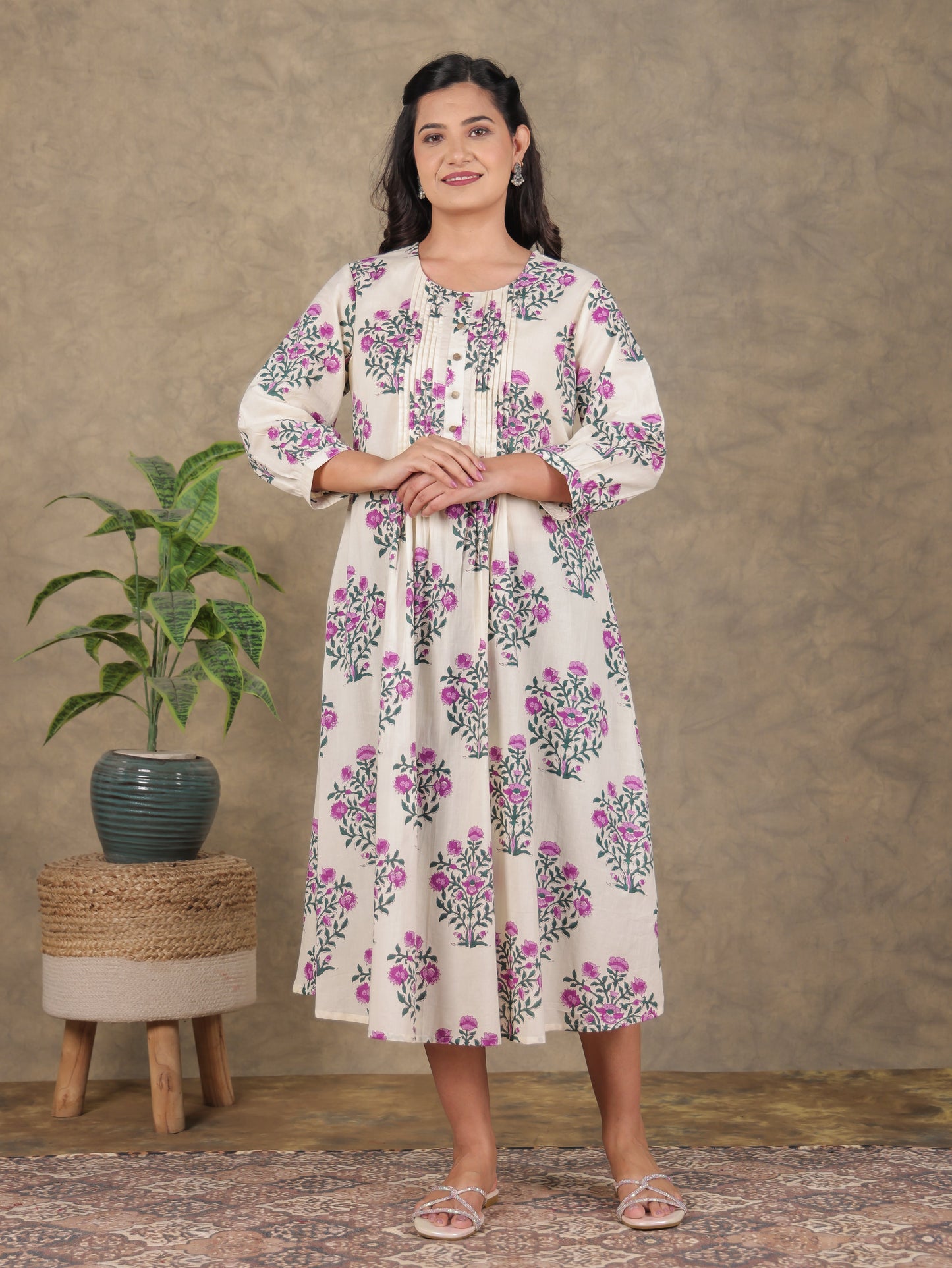 Soft Cotton Floral A-line Beige Dress