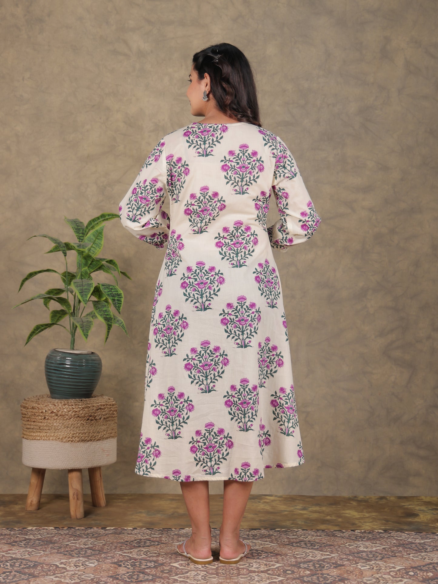 Soft Cotton Floral A-line Beige Dress