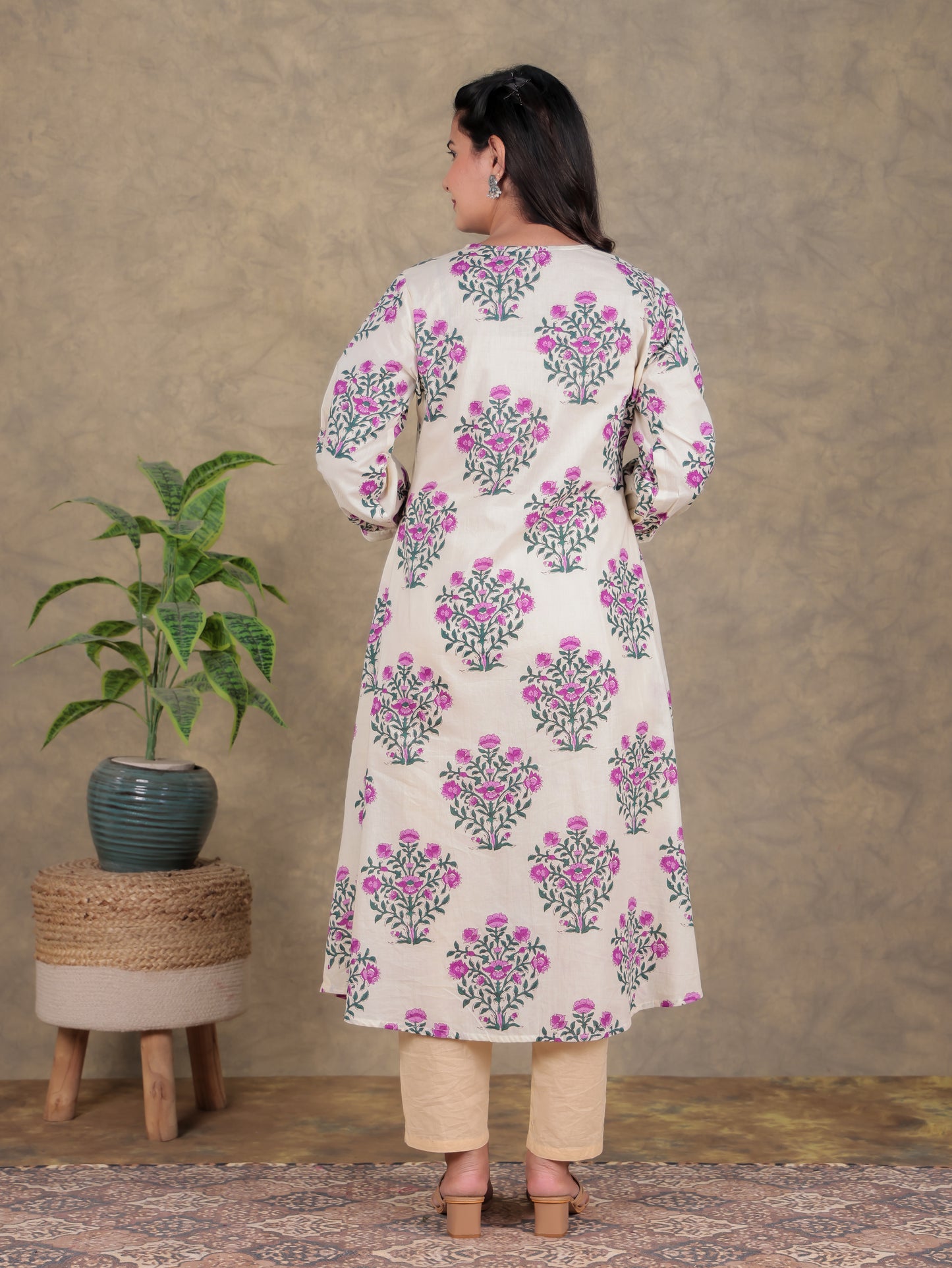Soft Cotton Floral A-line Beige Dress