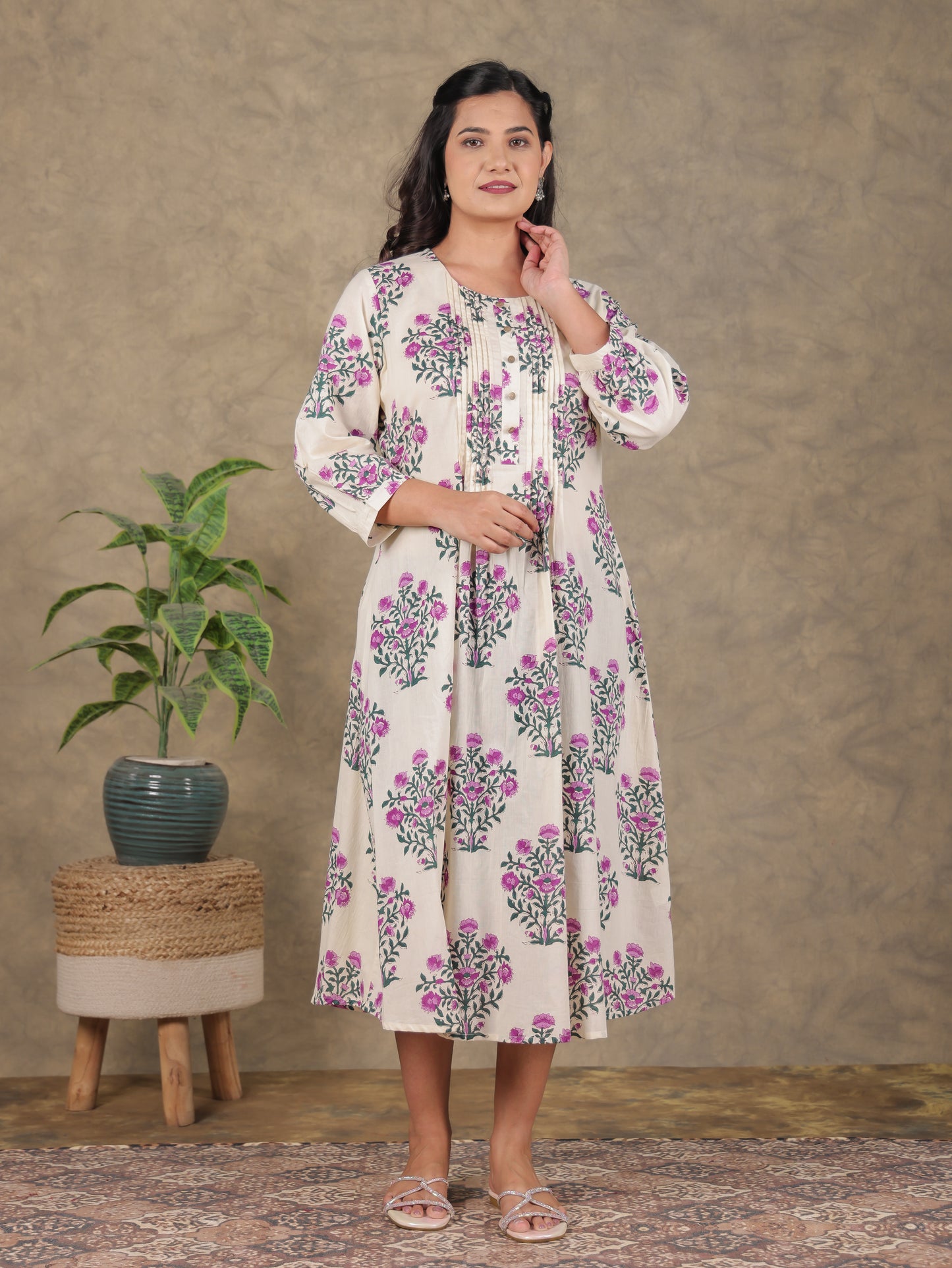 Soft Cotton Floral A-line Beige Dress