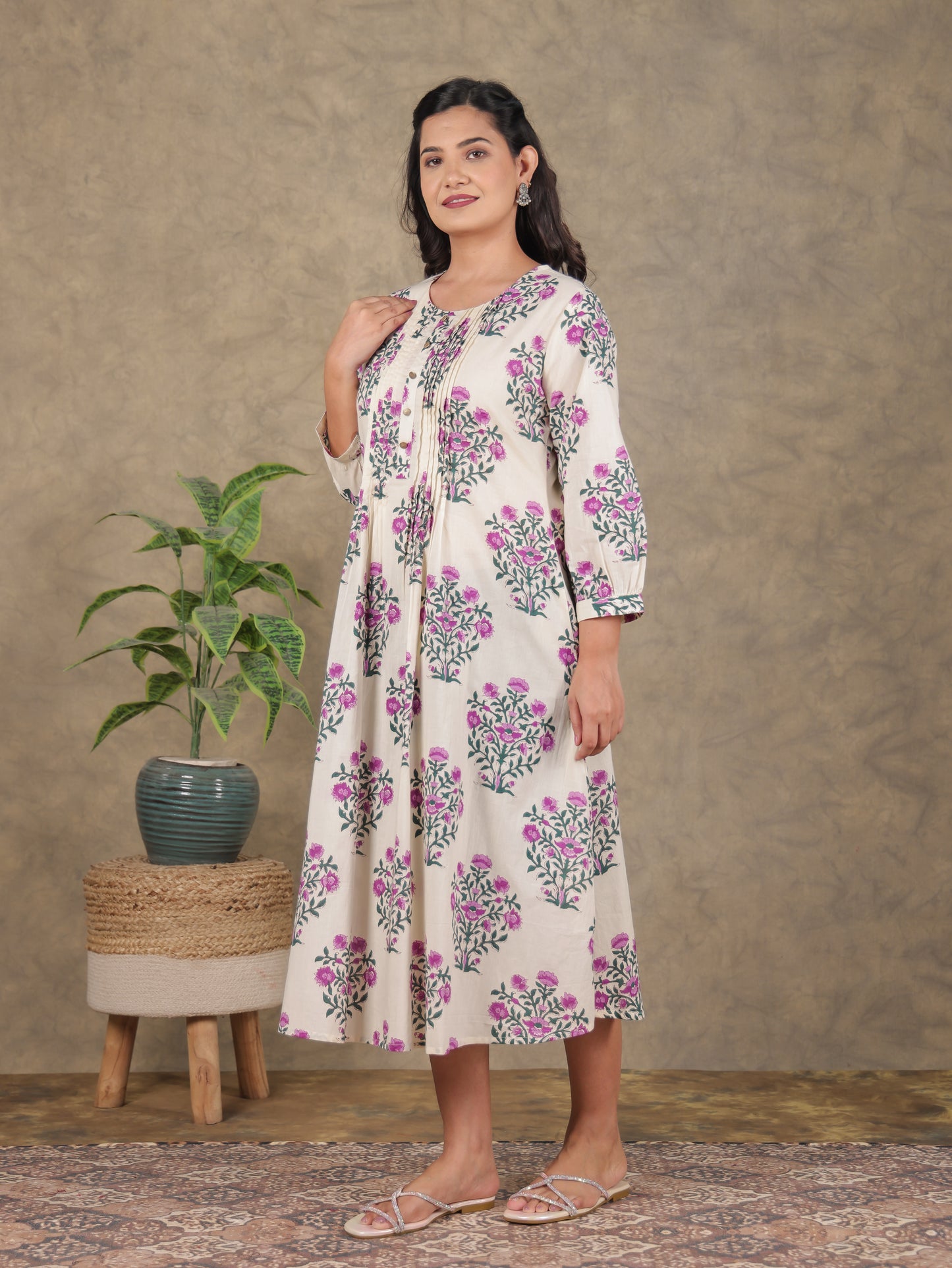 Soft Cotton Floral A-line Beige Dress