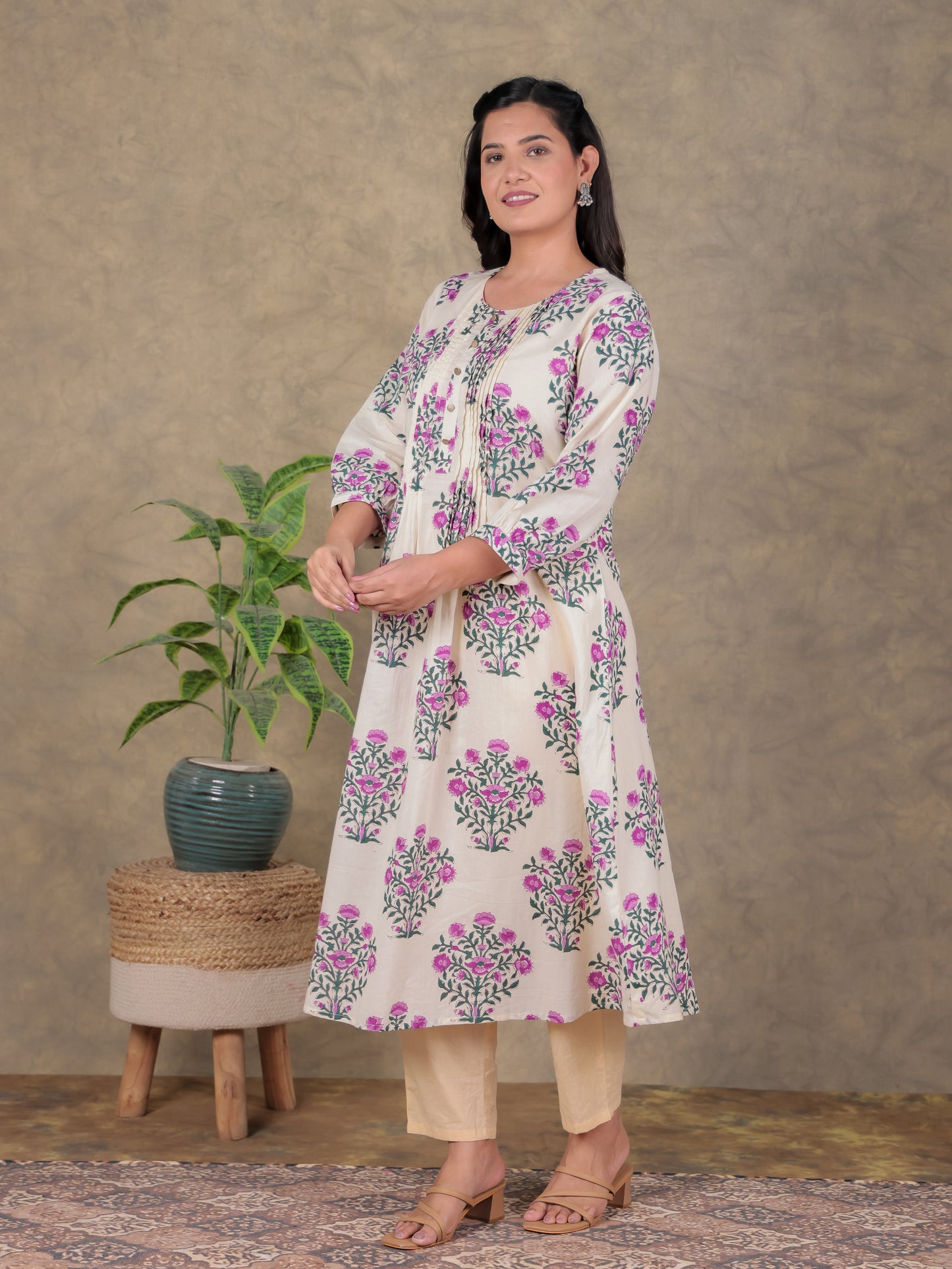 Soft Cotton Floral A-line Beige Dress