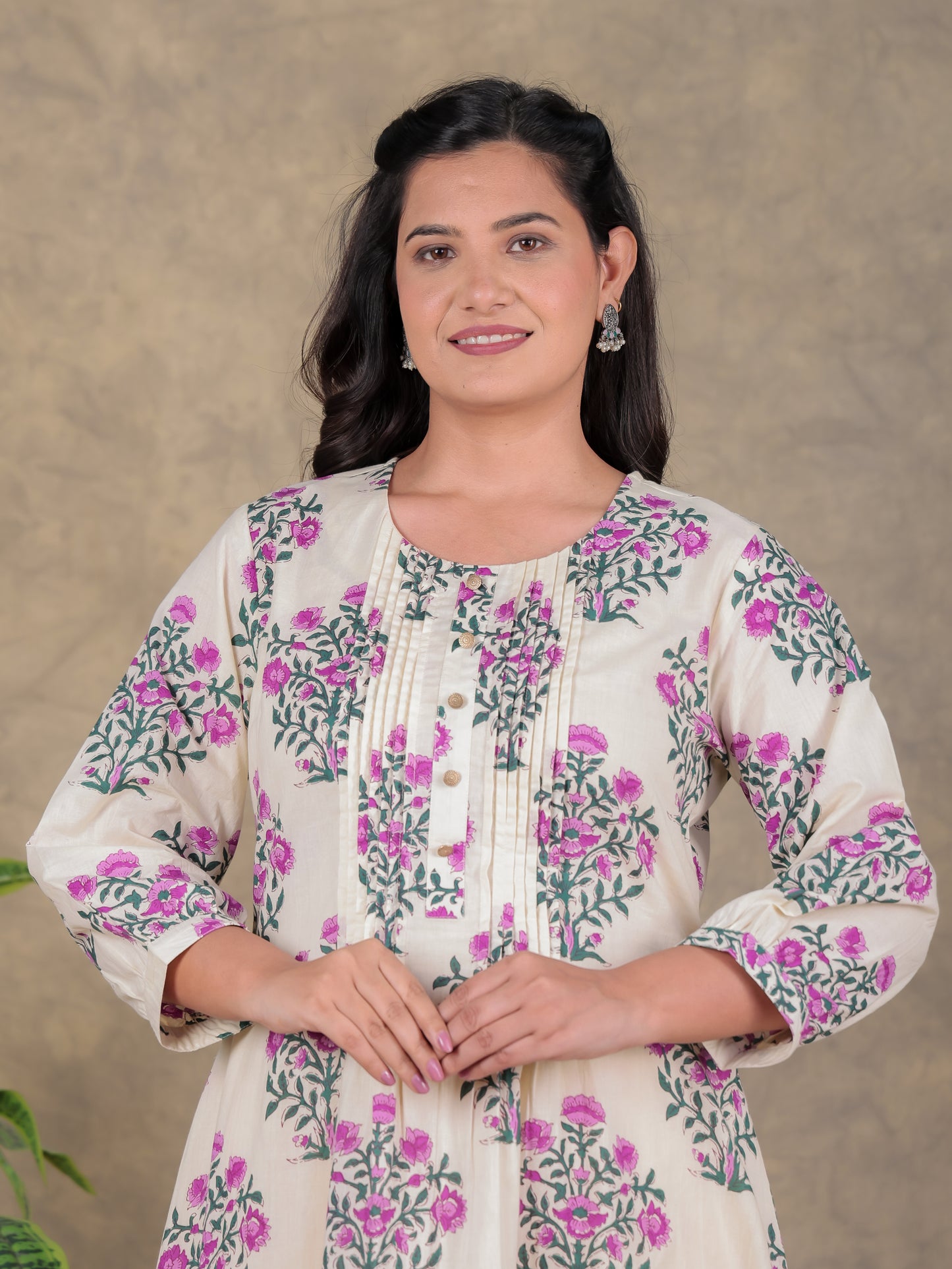 Soft Cotton Floral A-line Beige Dress