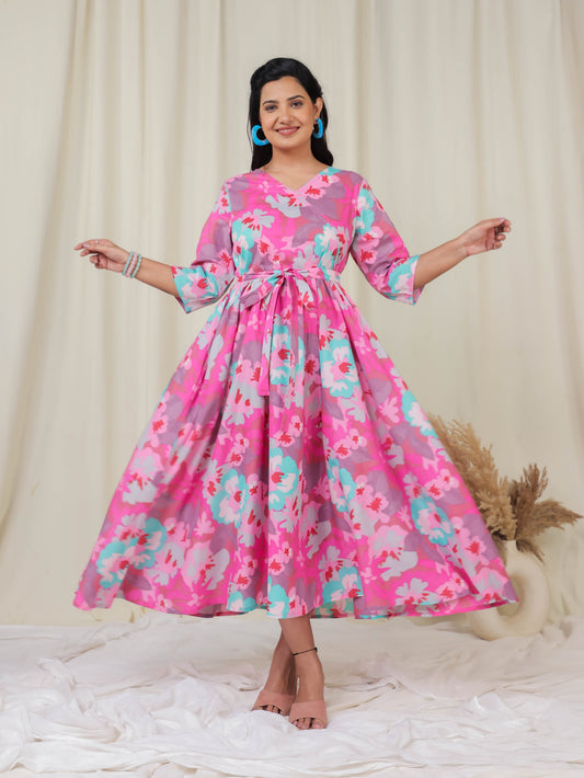 Soft Cotton Floral Angrakha Pink Dress