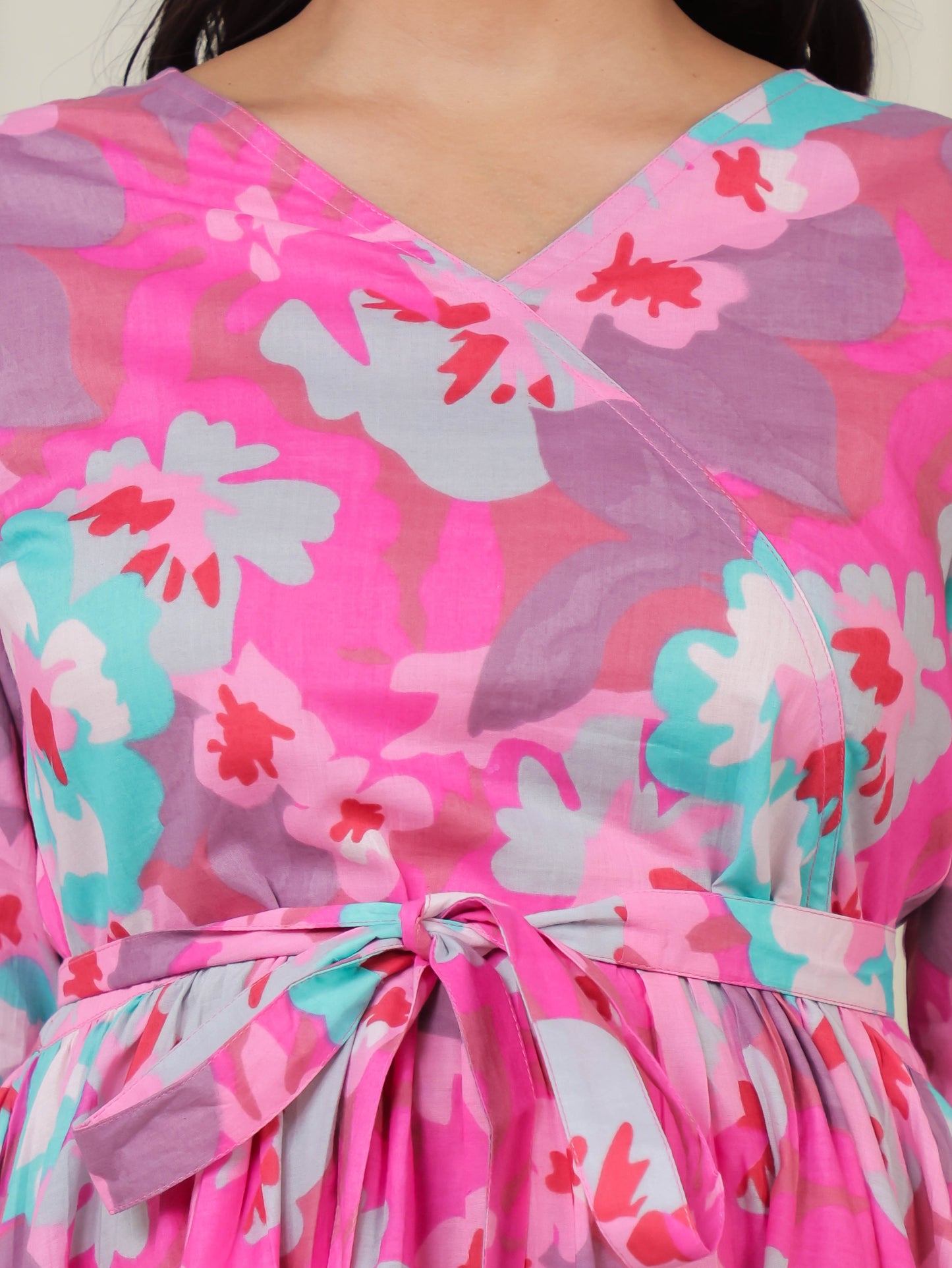 Soft Cotton Floral Angrakha Pink Dress