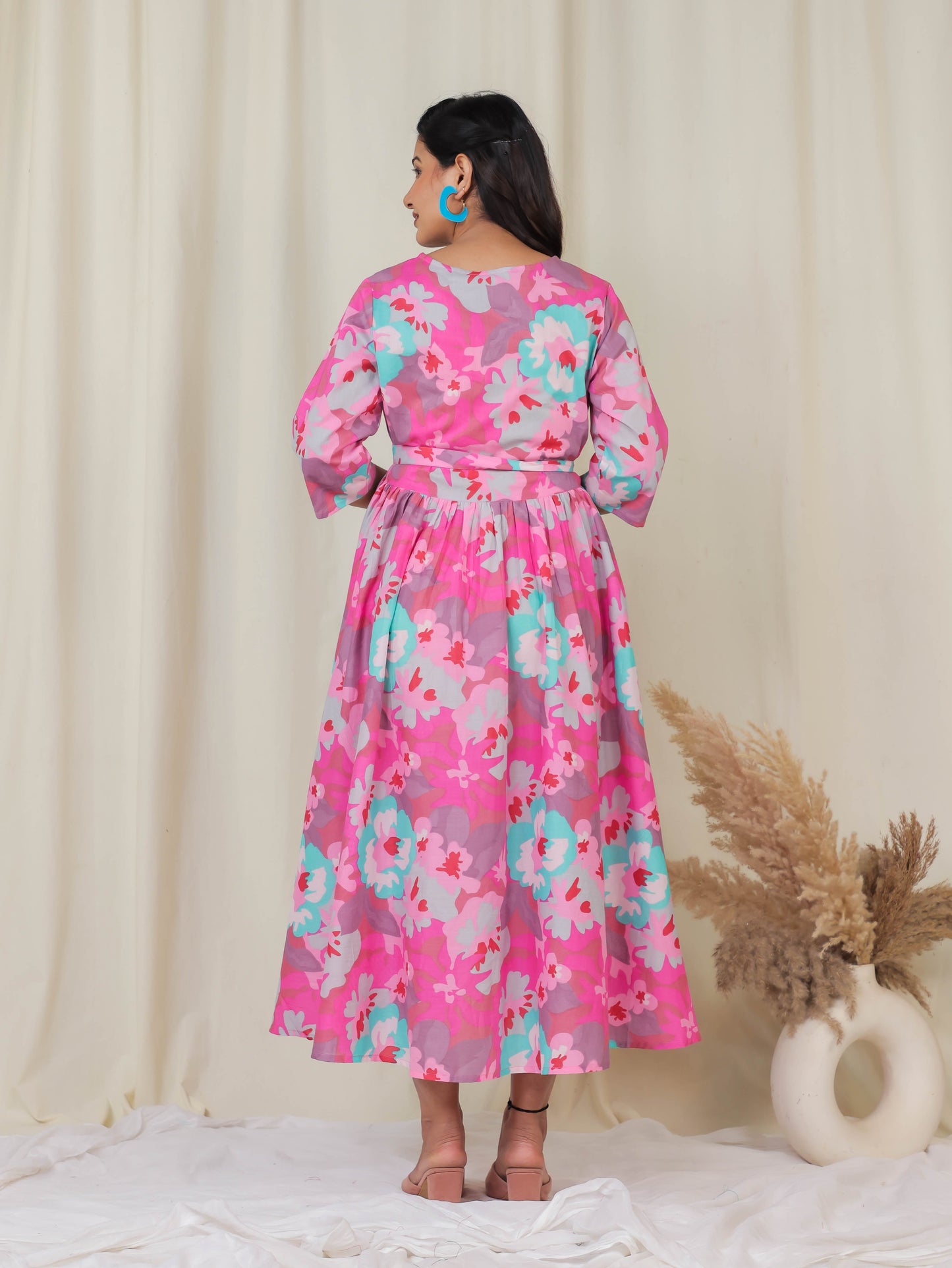 Soft Cotton Floral Angrakha Pink Dress