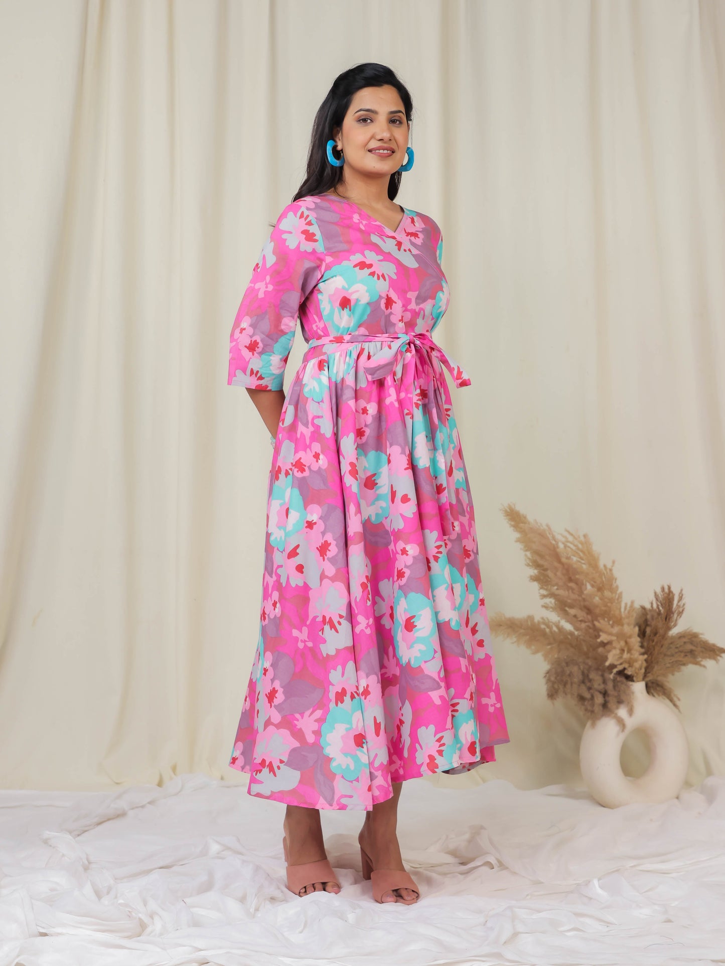 Soft Cotton Floral Angrakha Pink Dress