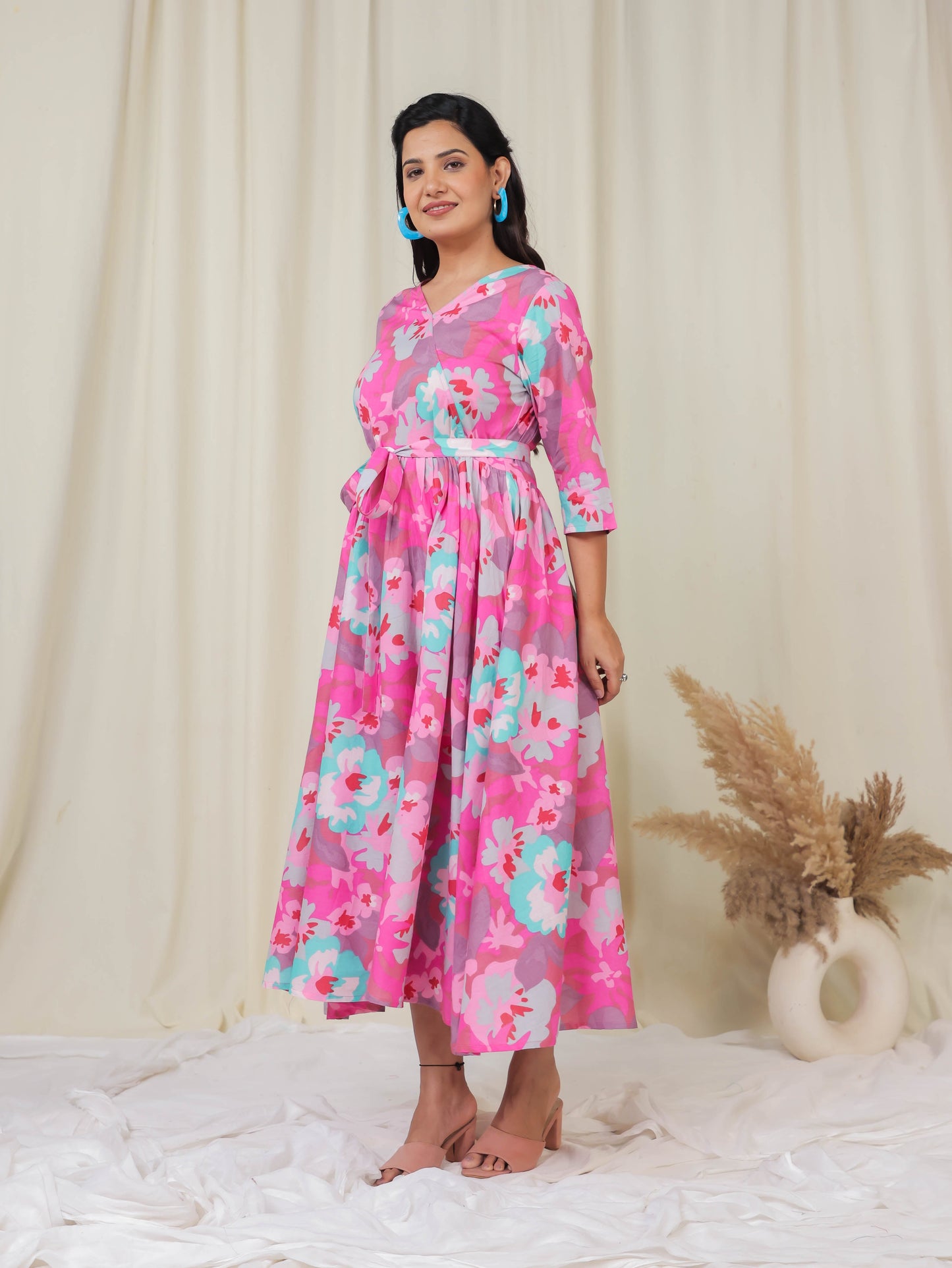 Soft Cotton Floral Angrakha Pink Dress