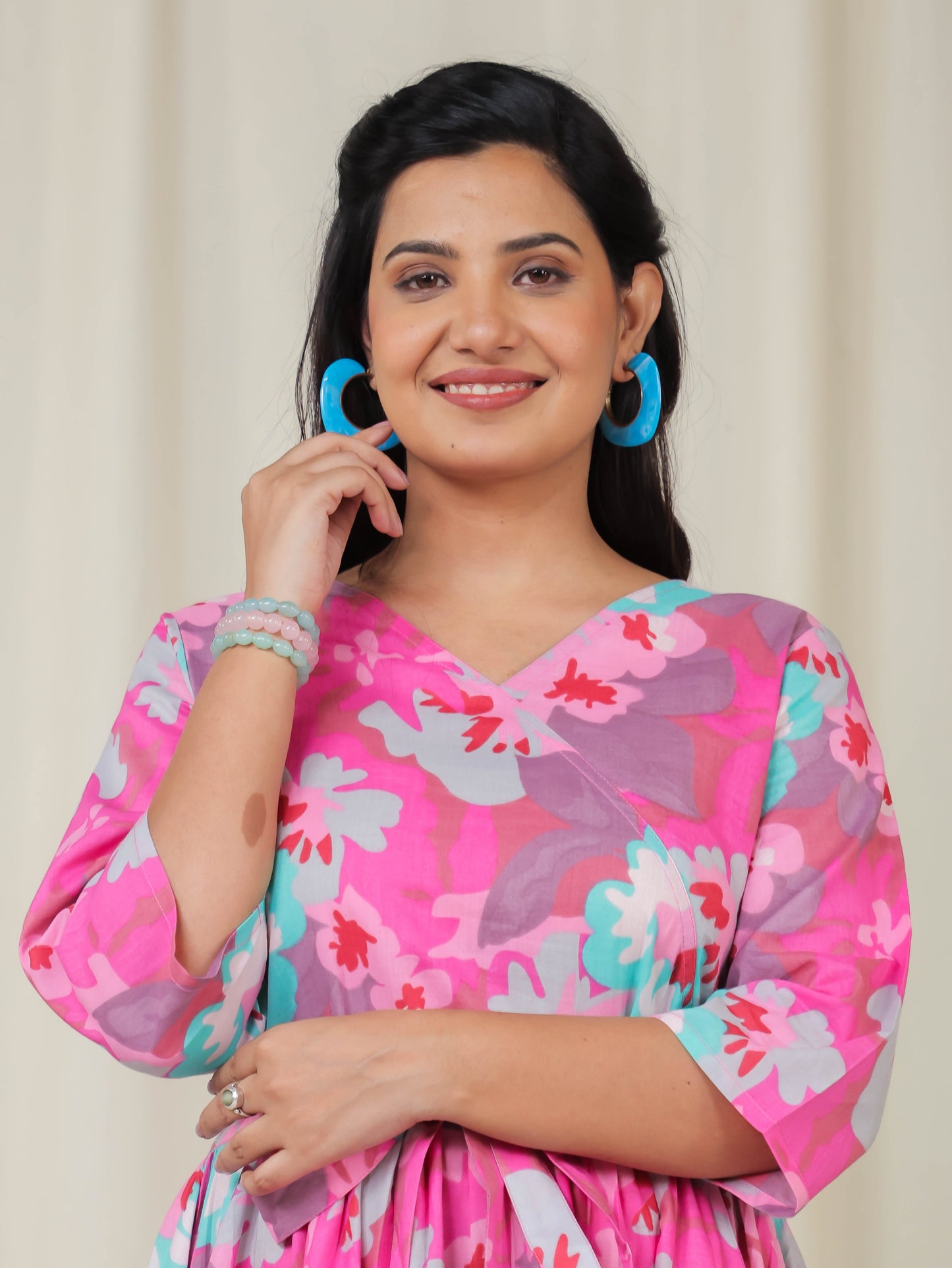 Soft Cotton Floral Angrakha Pink Dress