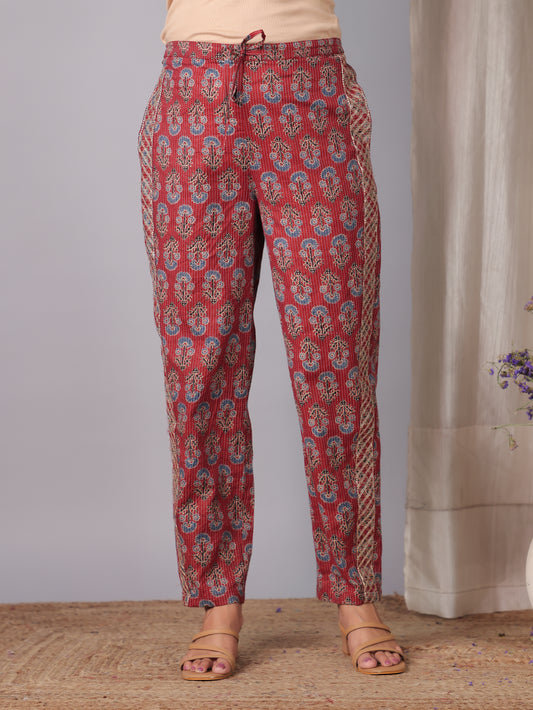 Embroidered Kantha Cotton Geometric Red Tapered Trousers