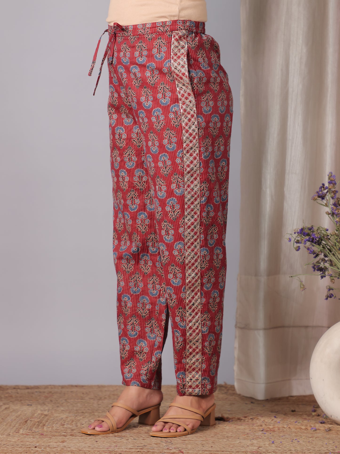 Embroidered Kantha Cotton Geometric Red Tapered Trousers
