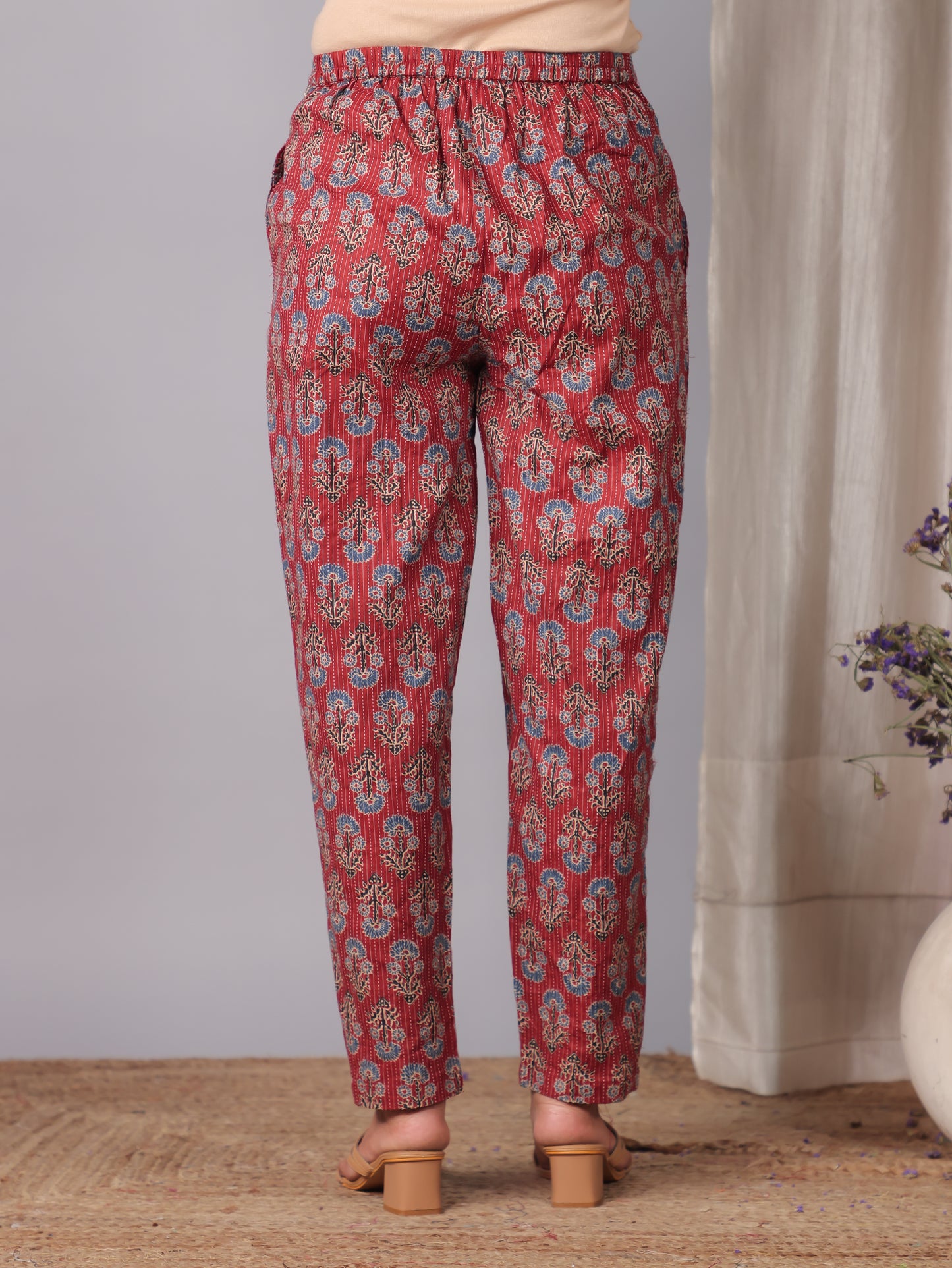 Embroidered Kantha Cotton Geometric Red Tapered Trousers