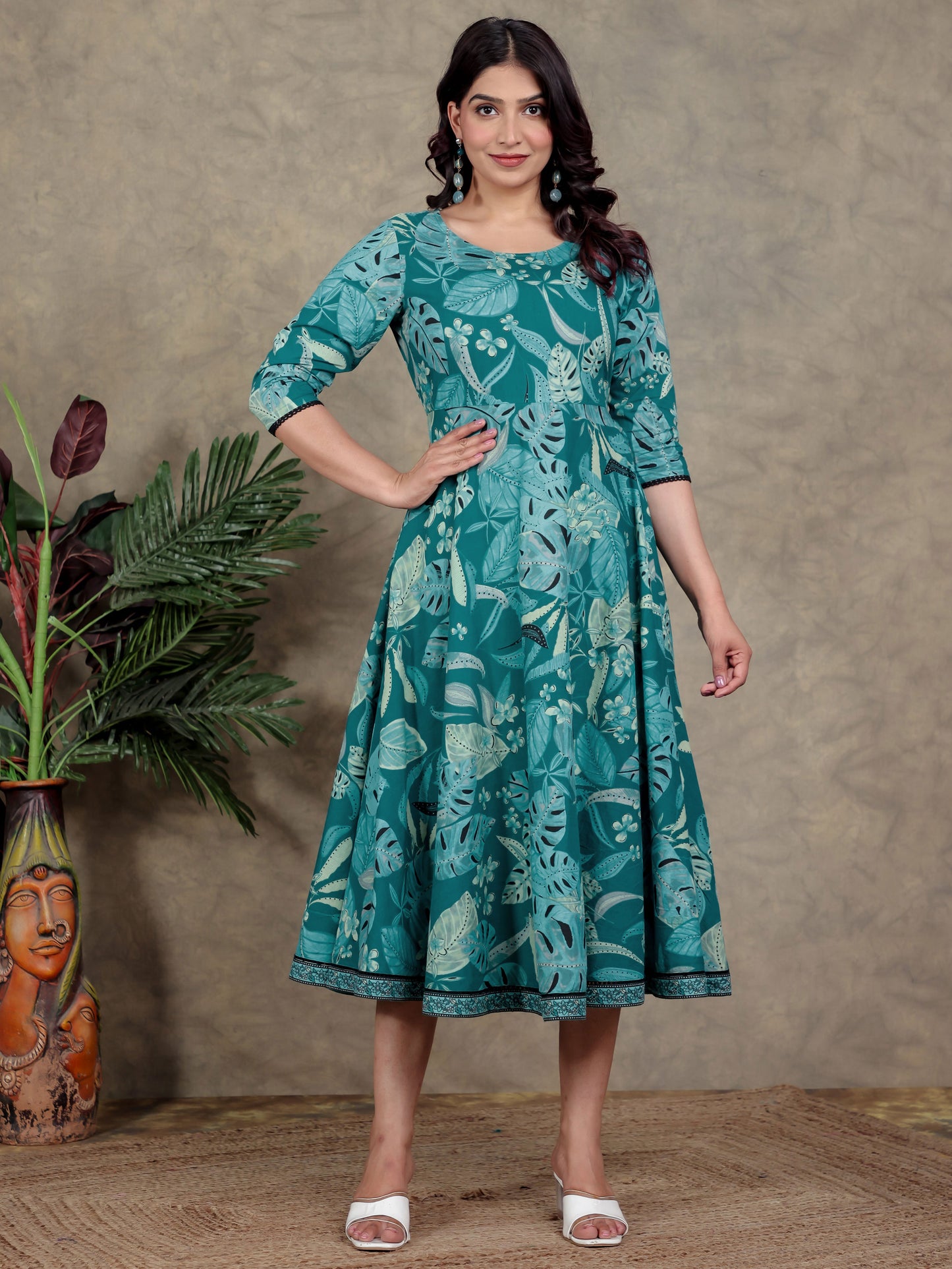 Soft Cotton Foliage Anarkali Teal Dress