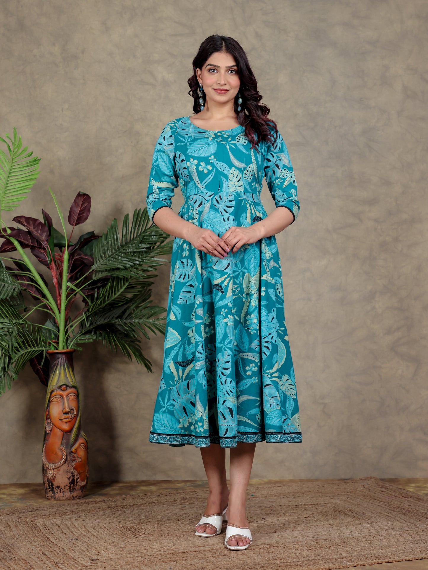 Soft Cotton Foliage Anarkali Teal Dress