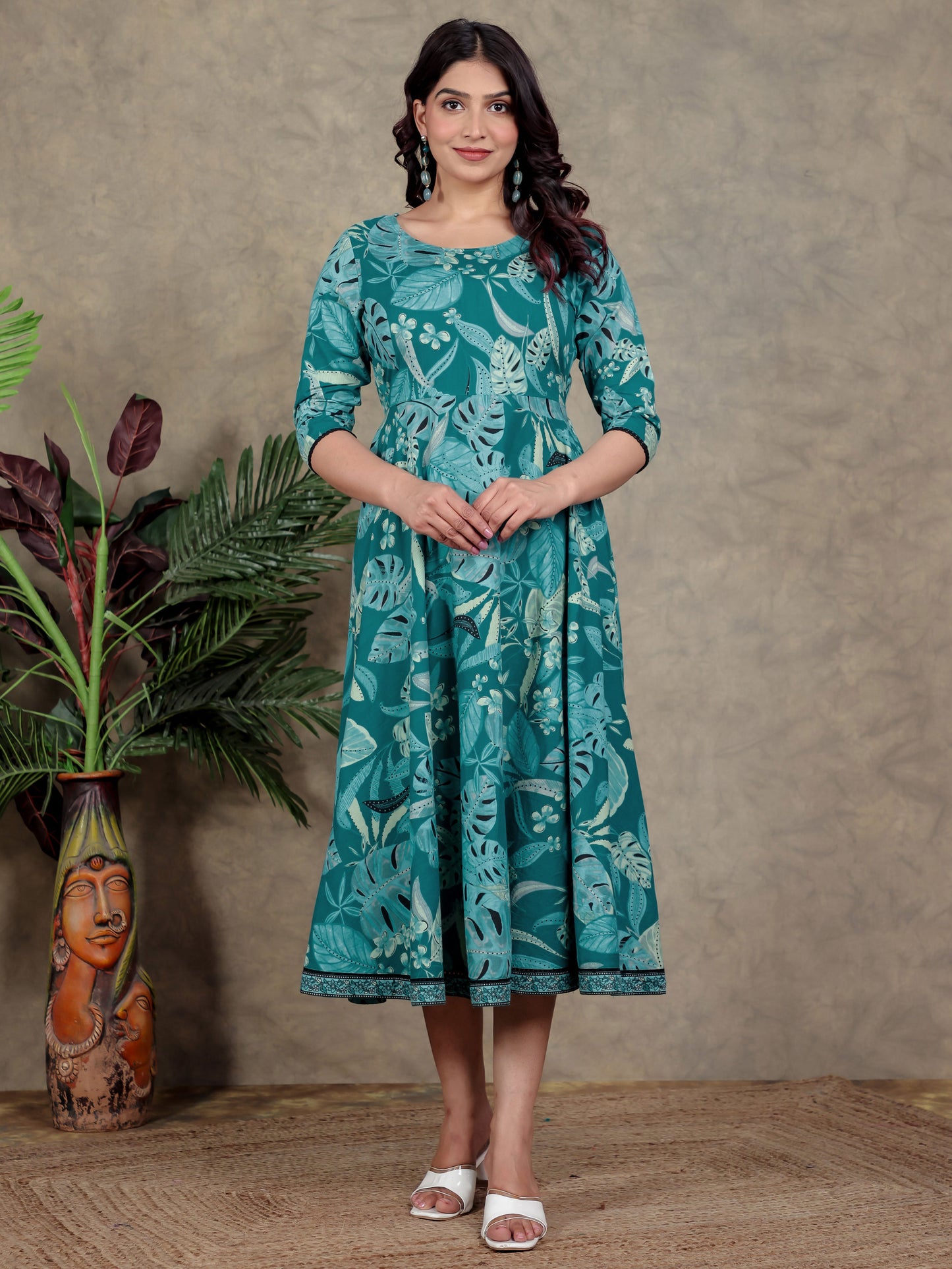 Soft Cotton Foliage Anarkali Teal Dress