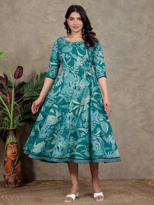 Soft Cotton Foliage Anarkali Teal Dress