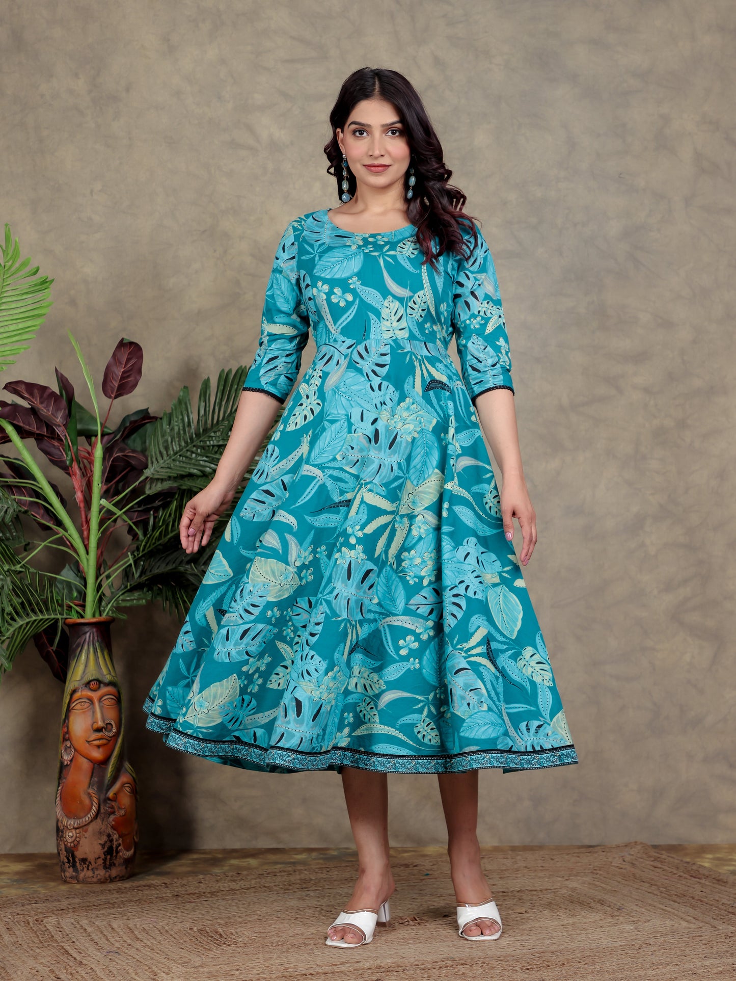 Soft Cotton Foliage Anarkali Teal Dress