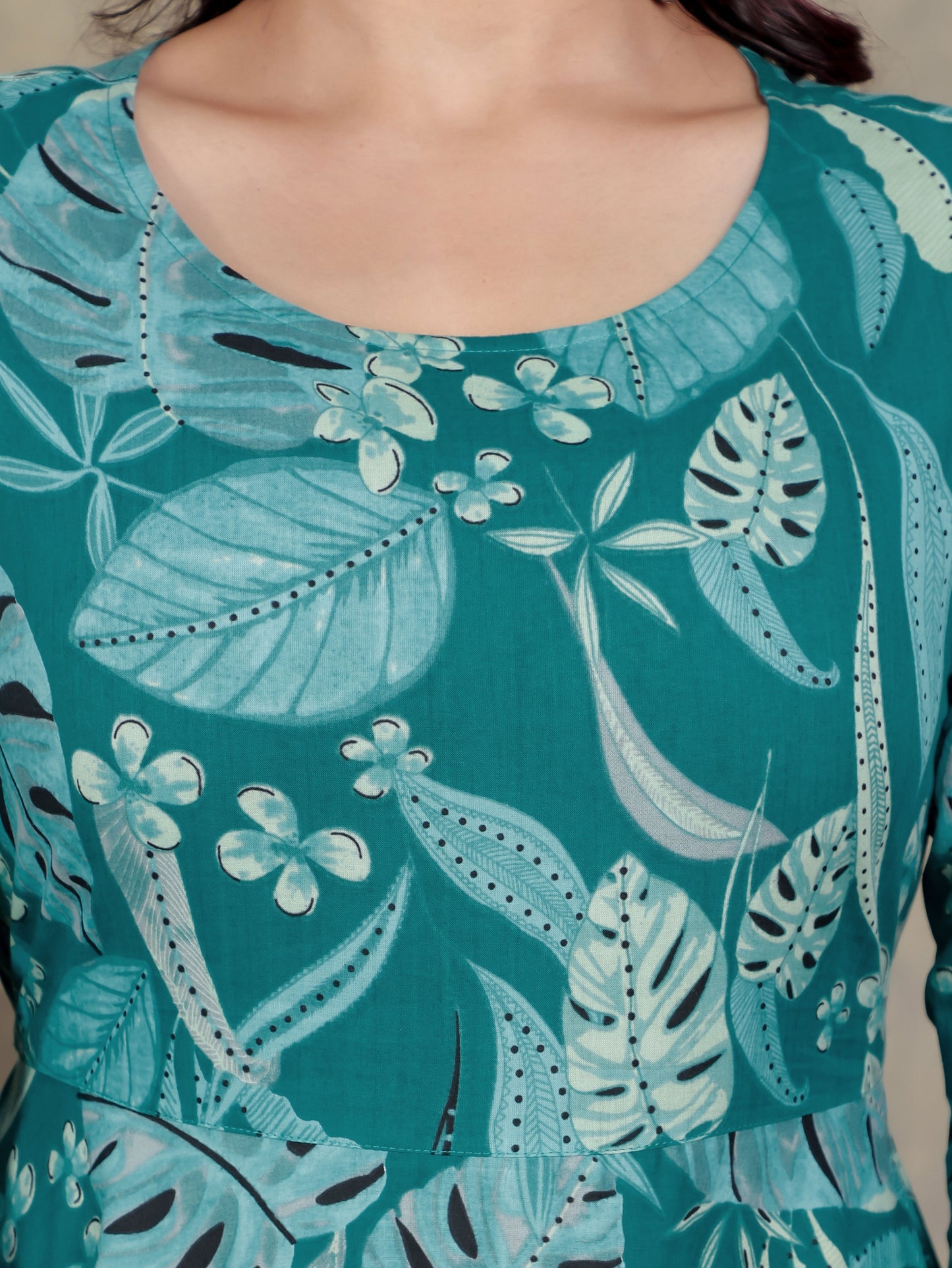 Soft Cotton Foliage Anarkali Teal Dress