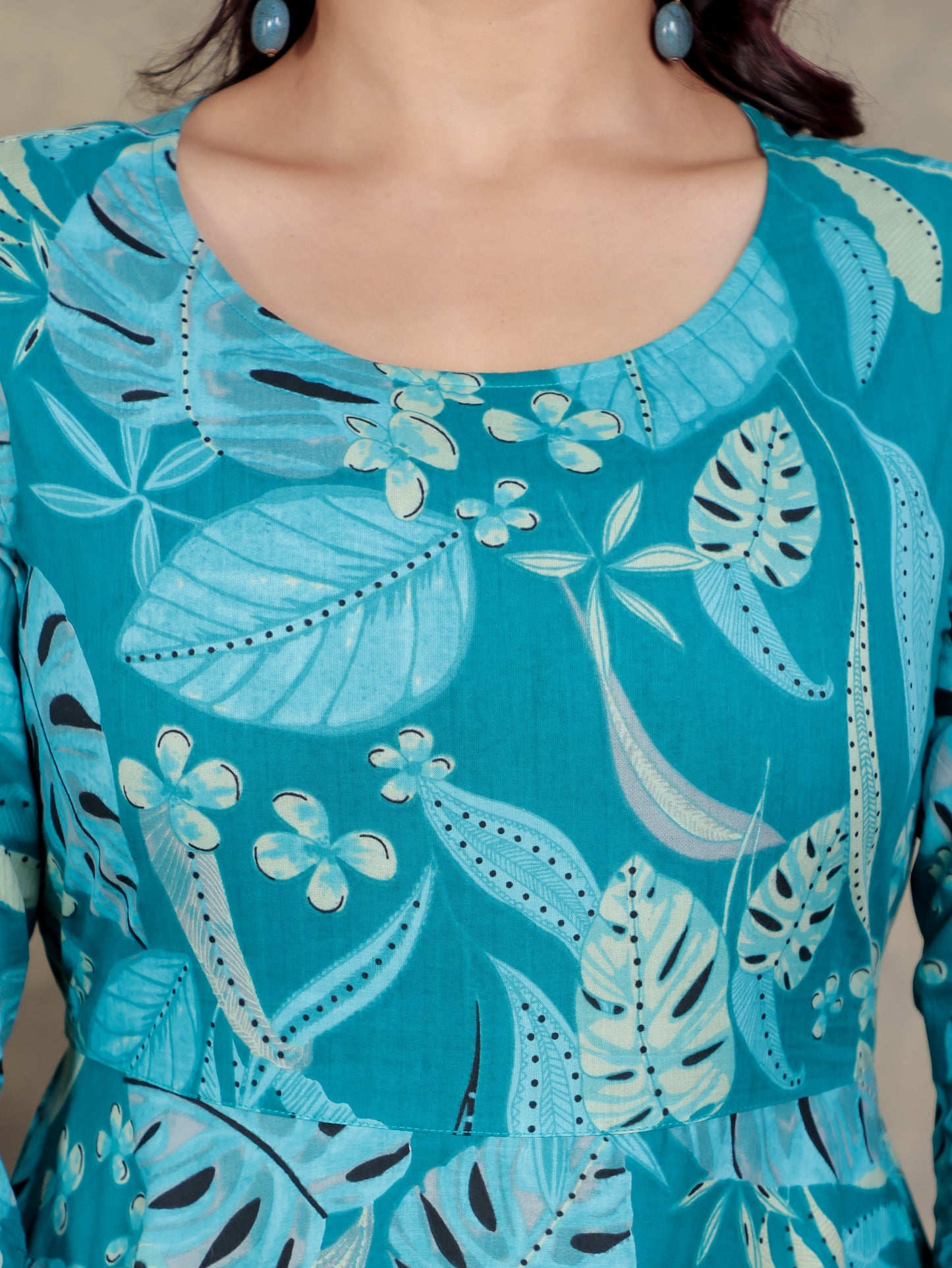 Soft Cotton Foliage Anarkali Teal Dress