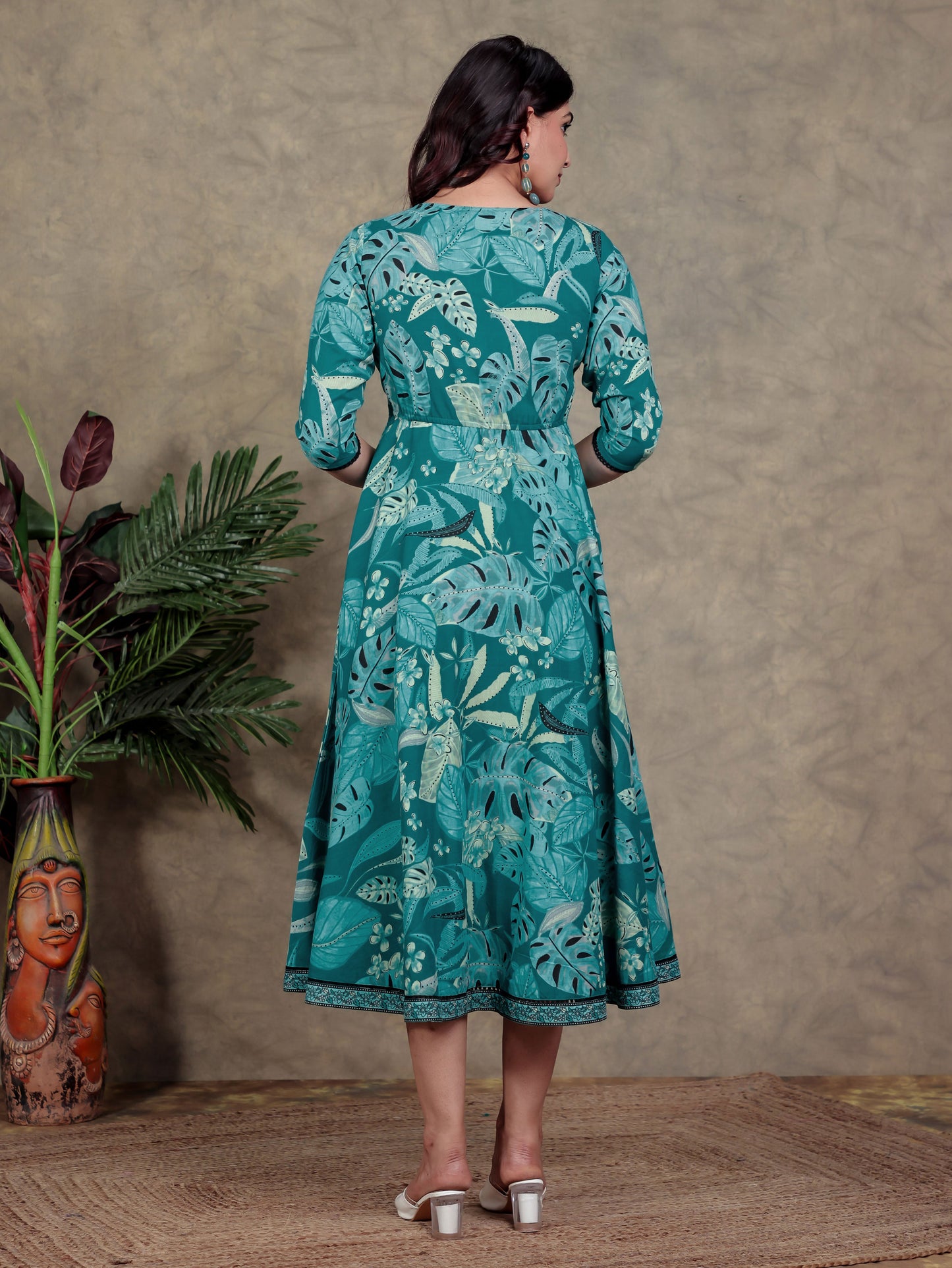 Soft Cotton Foliage Anarkali Teal Dress