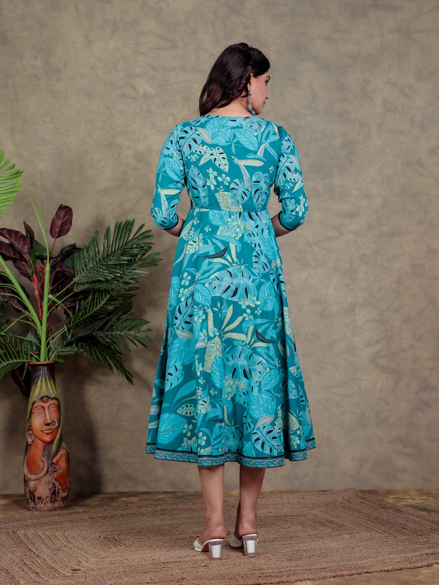 Soft Cotton Foliage Anarkali Teal Dress