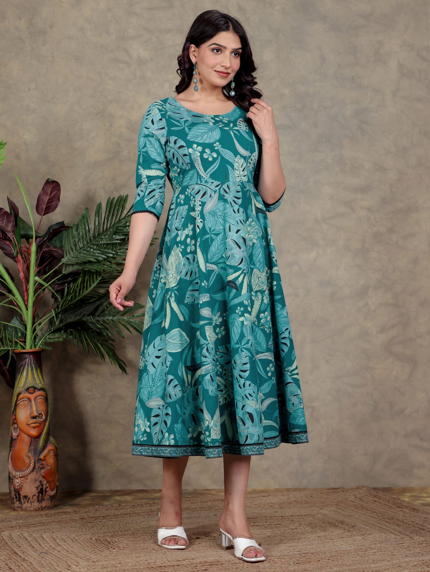 Soft Cotton Foliage Anarkali Teal Dress