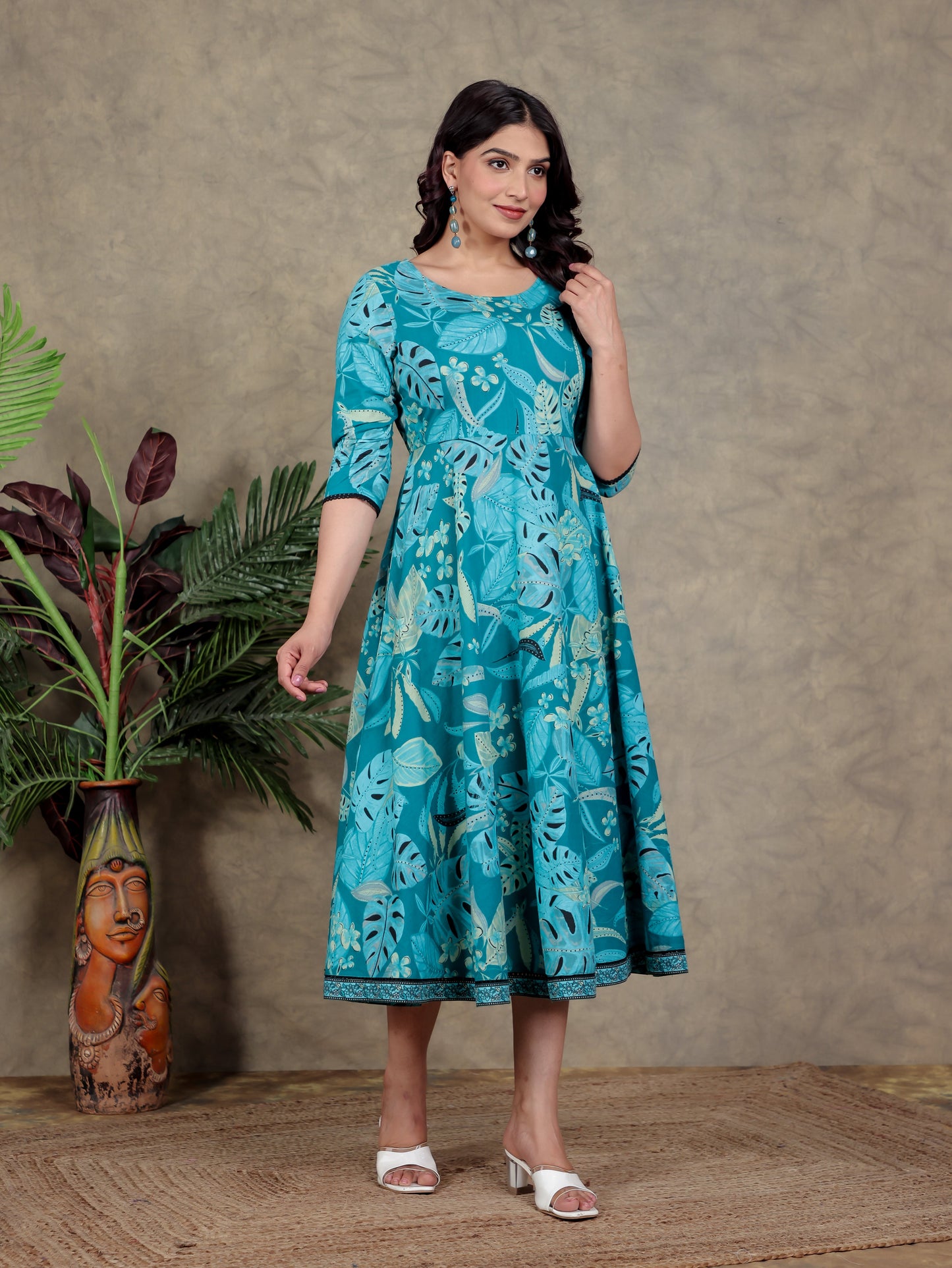 Soft Cotton Foliage Anarkali Teal Dress