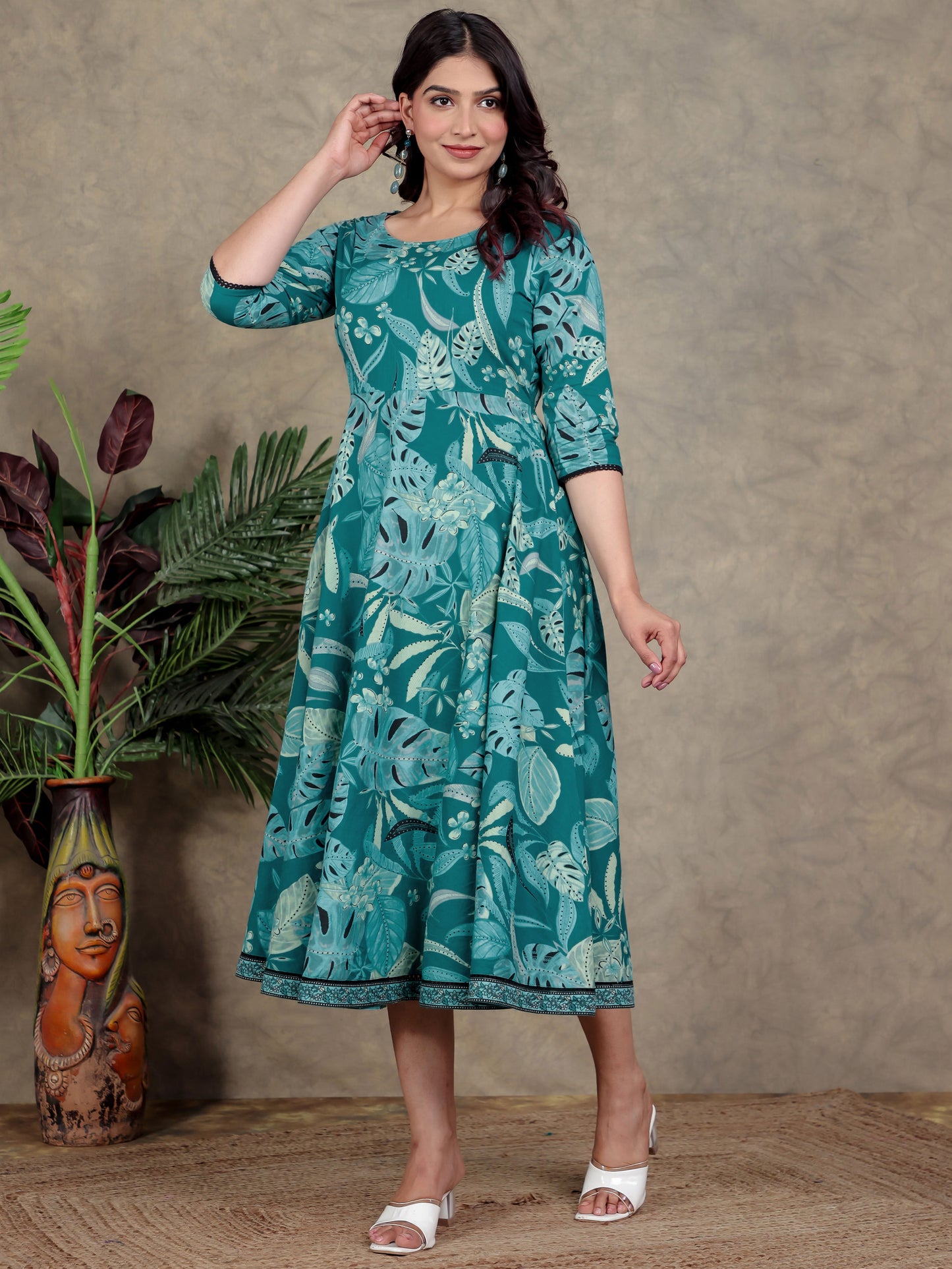 Soft Cotton Foliage Anarkali Teal Dress
