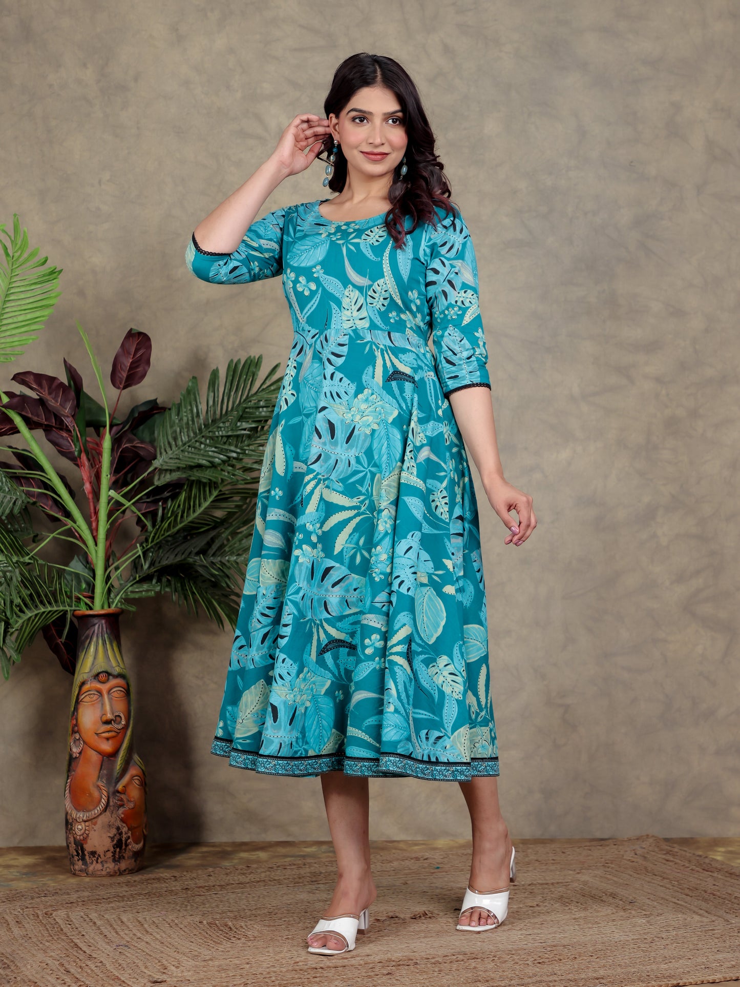Soft Cotton Foliage Anarkali Teal Dress