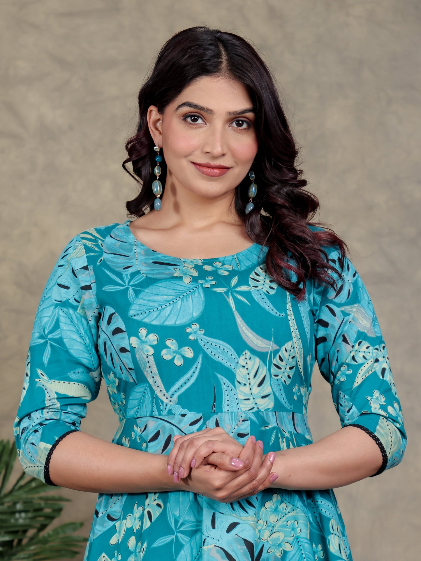 Soft Cotton Foliage Anarkali Teal Dress