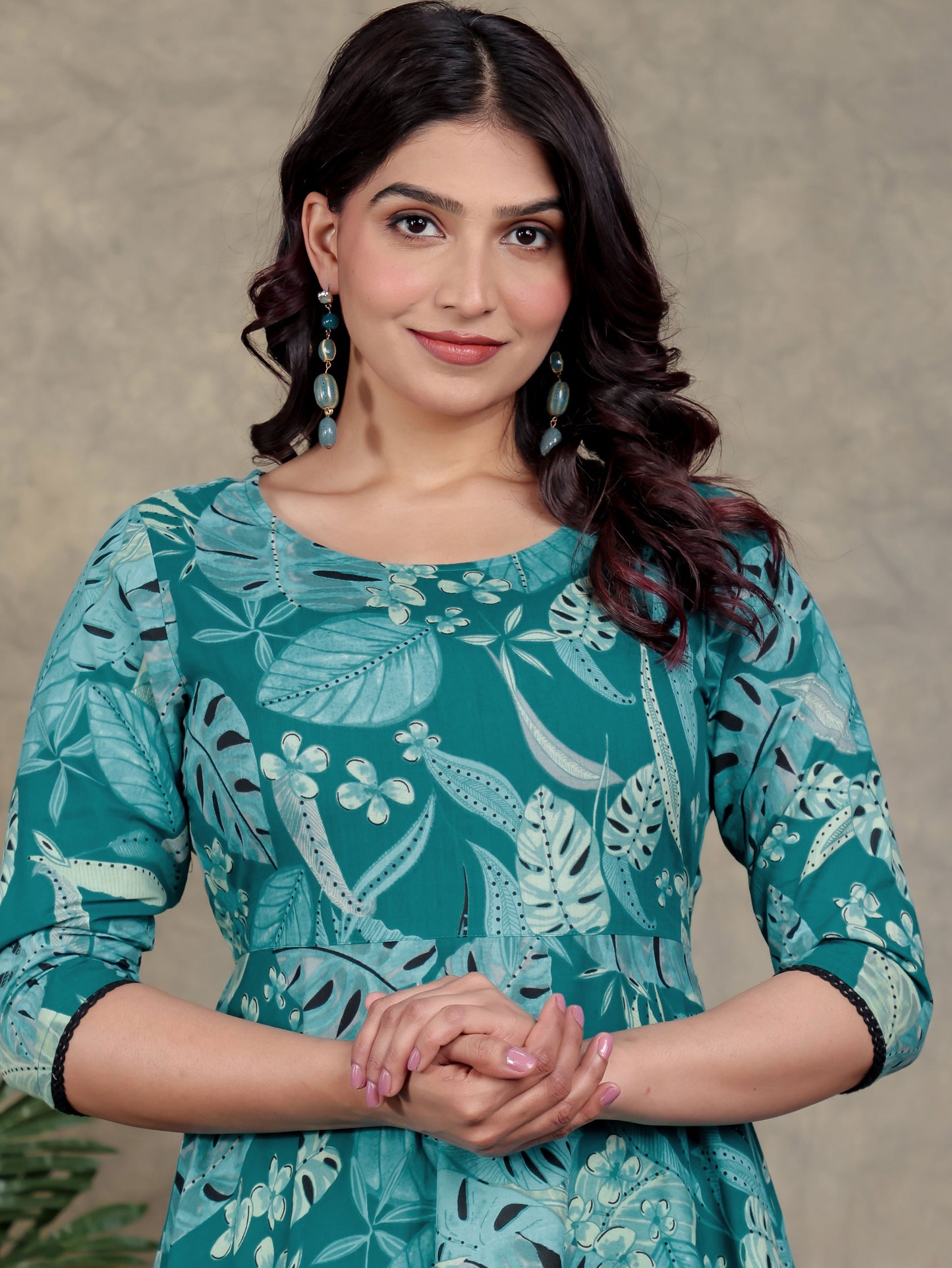 Soft Cotton Foliage Anarkali Teal Dress