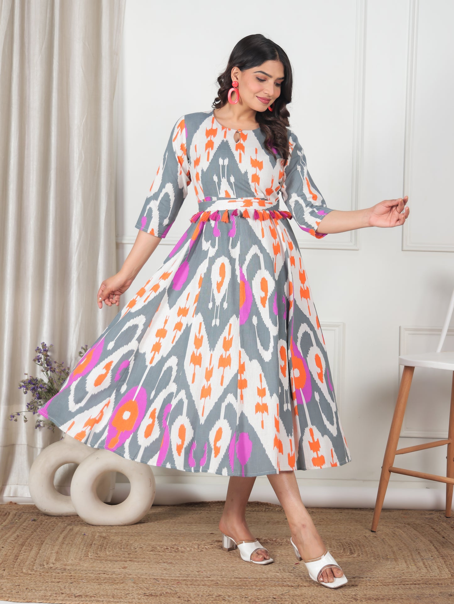 Linen Cotton Ikat Flared Off White Dress