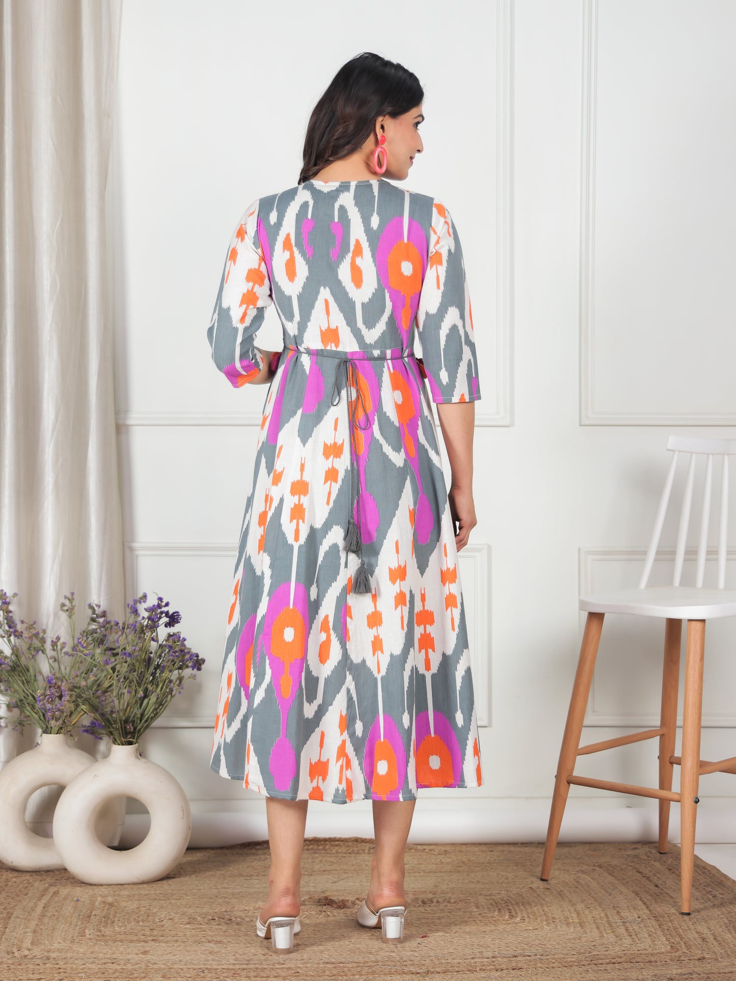 Linen Cotton Ikat Flared Off White Dress