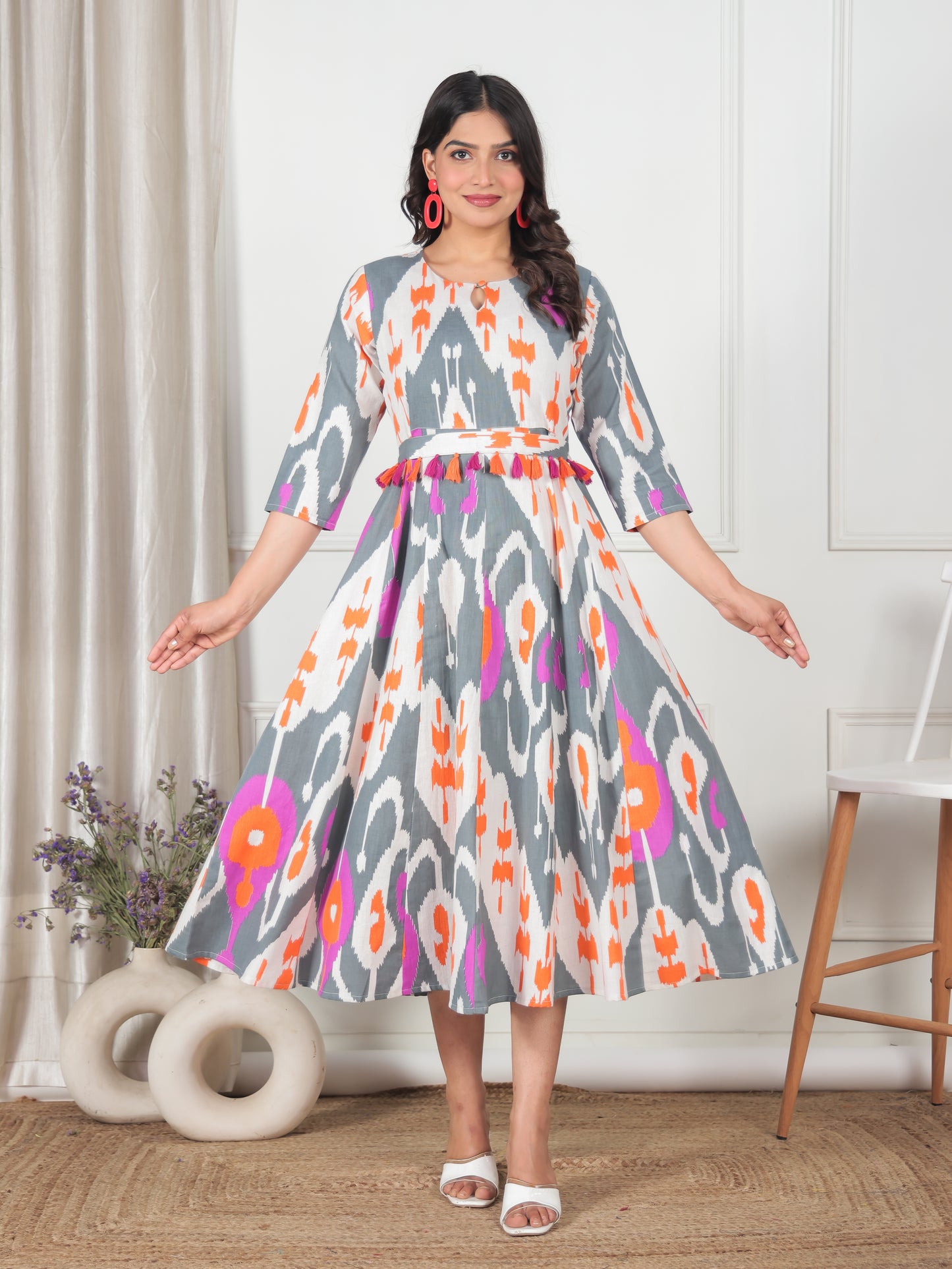 Linen Cotton Ikat Flared Off White Dress