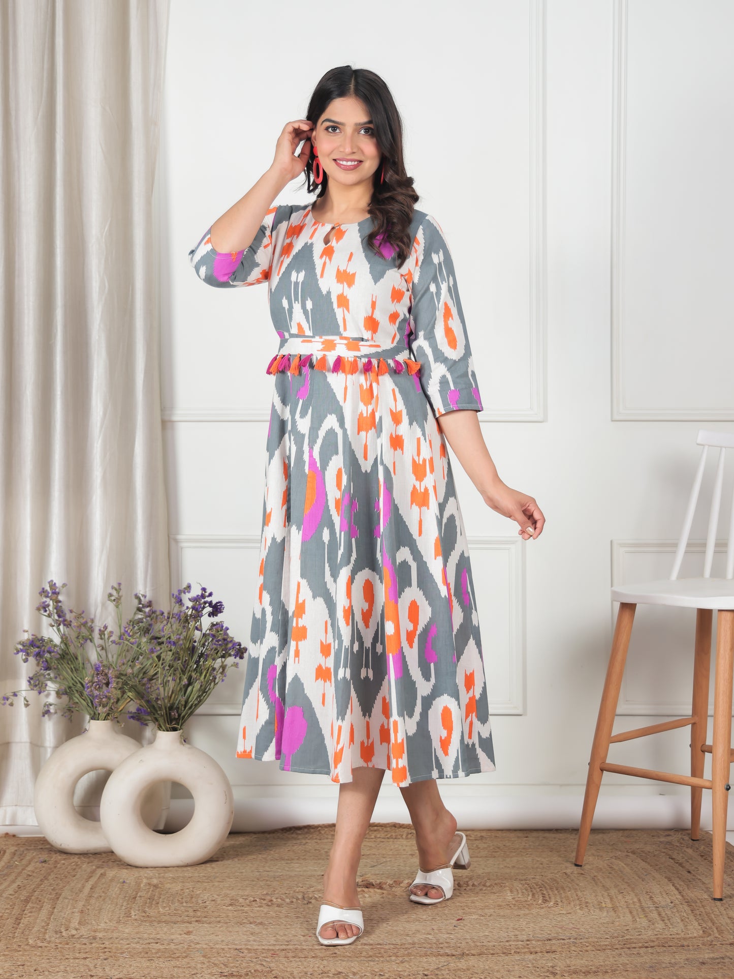 Linen Cotton Ikat Flared Off White Dress