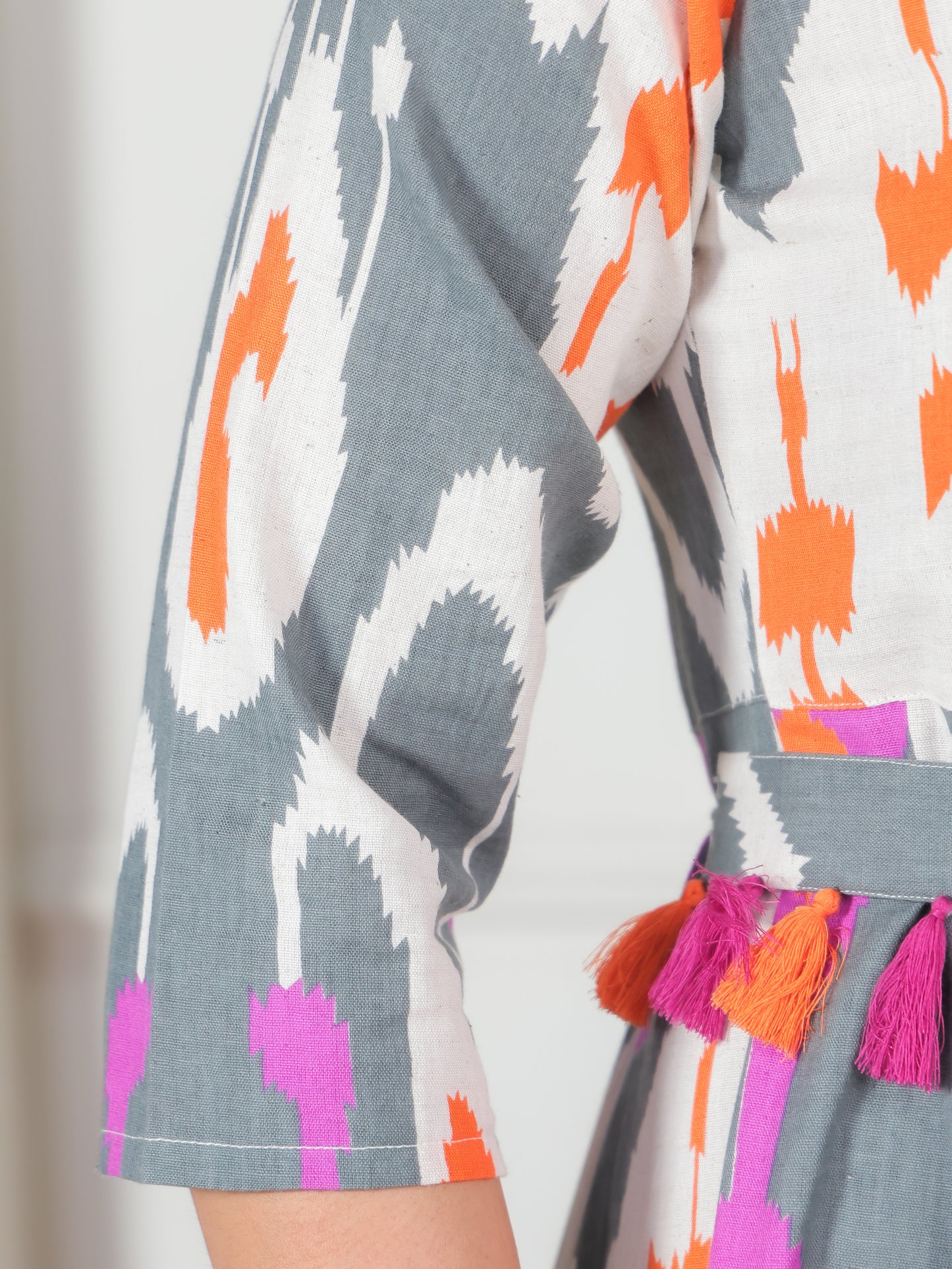 Linen Cotton Ikat Flared Off White Dress