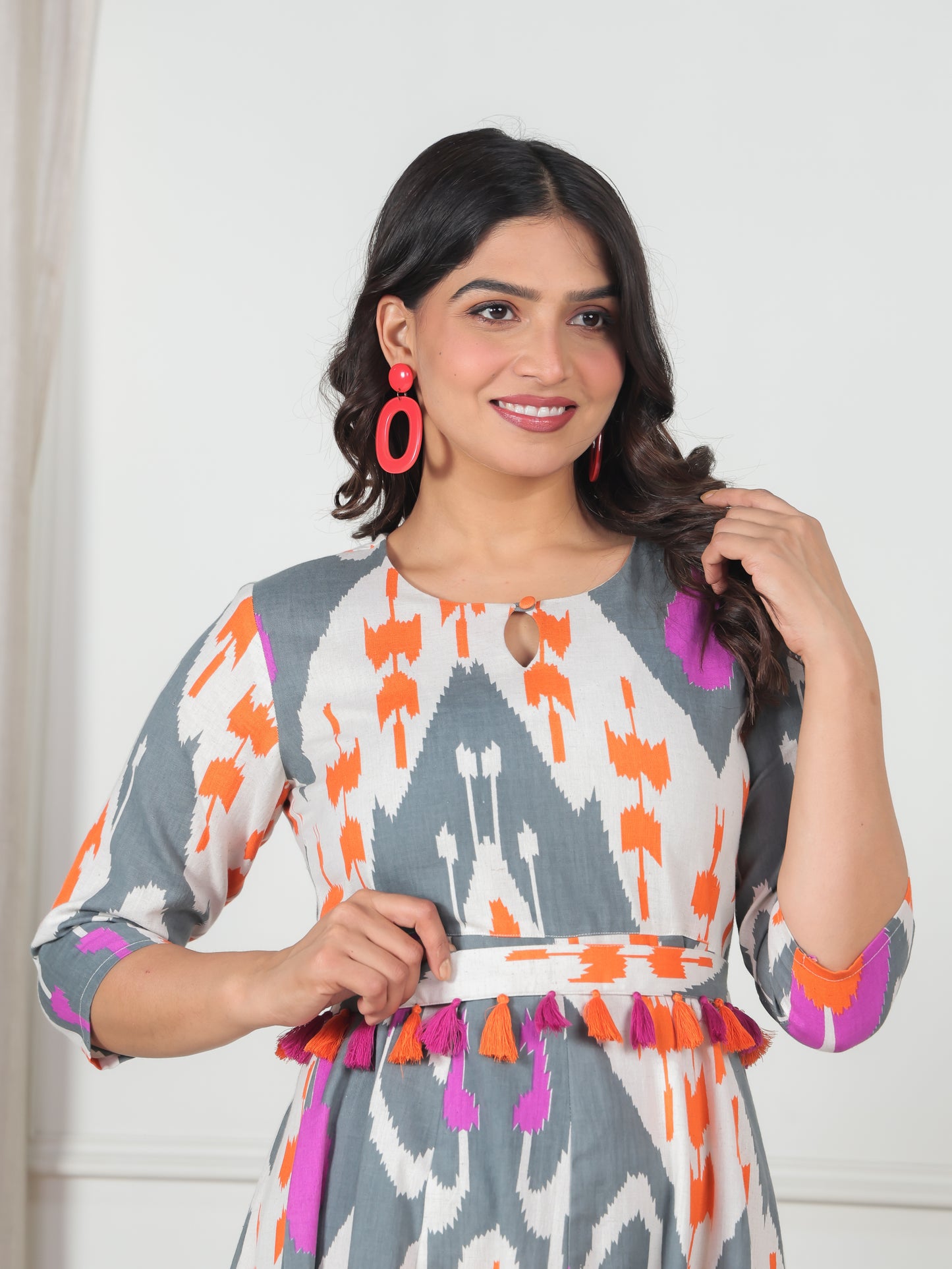 Linen Cotton Ikat Flared Off White Dress