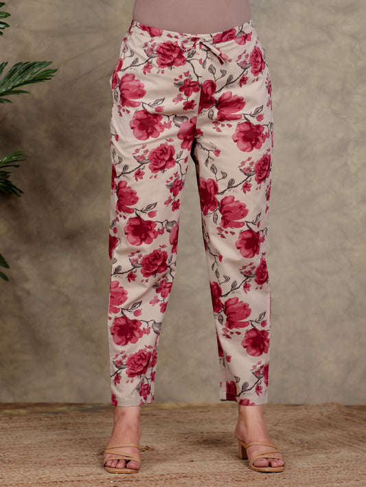 Soft Cotton Floral Red Tapered Trousers