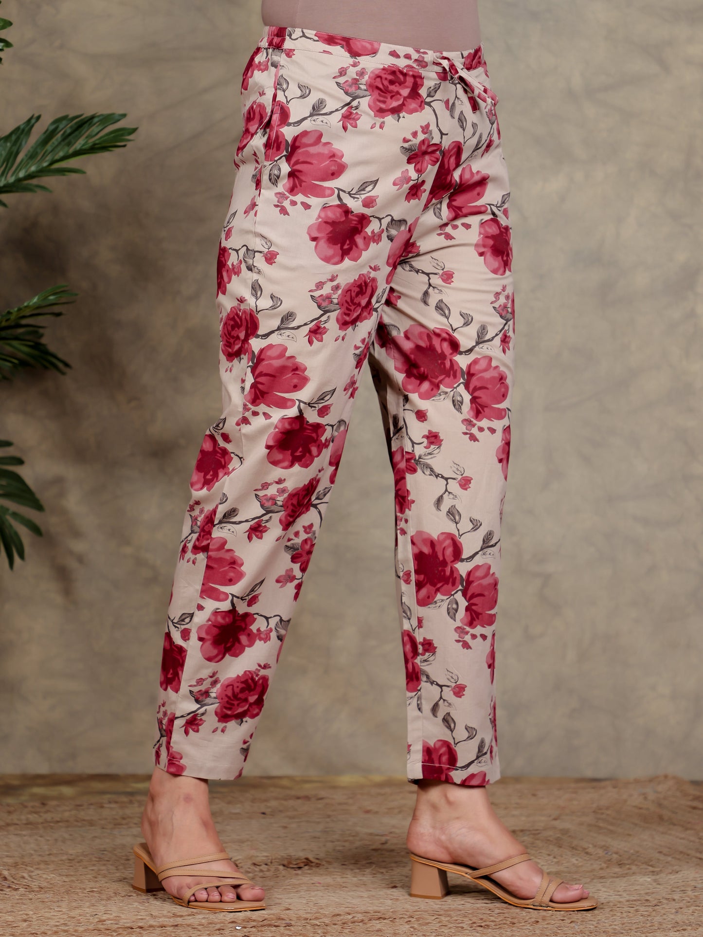 Soft Cotton Floral Red Tapered Trousers